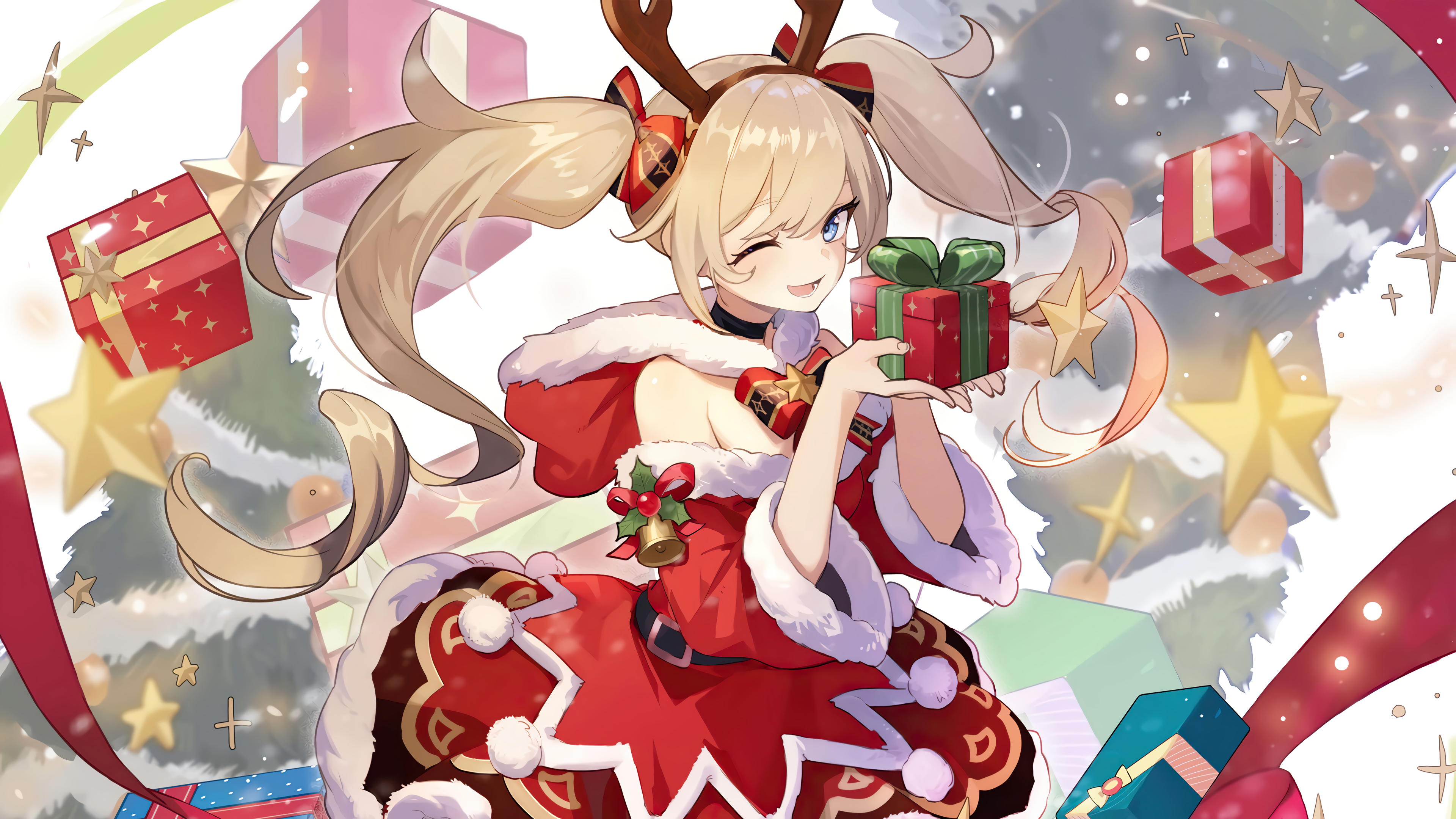 Anime 3840x2160 anime girls Genshin Impact Barbara (Genshin Impact) Christmas clothes Christmas presents twintails bells Christmas tree