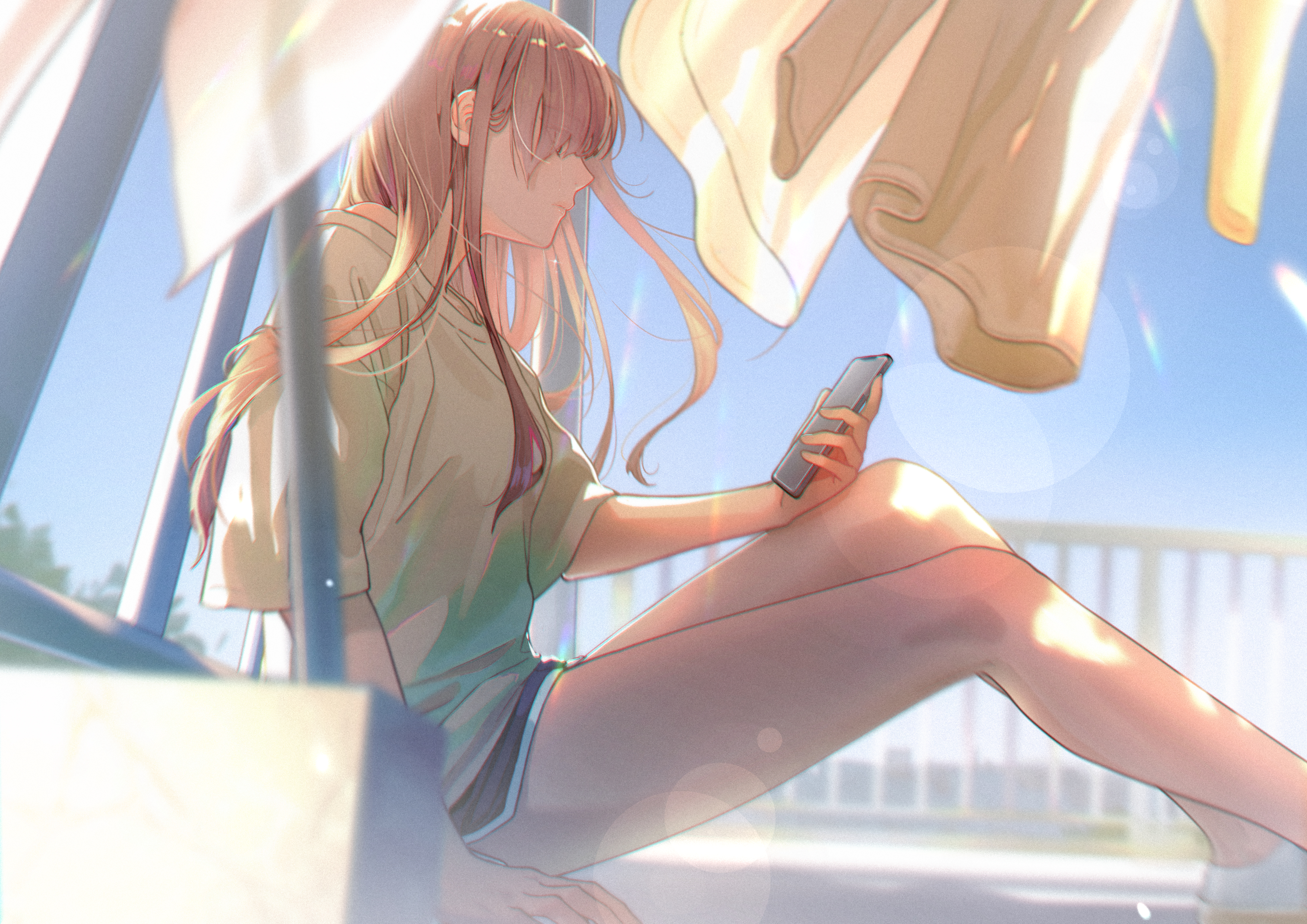 Anime 3508x2480 rooftops original characters anime girls smartphone long hair
