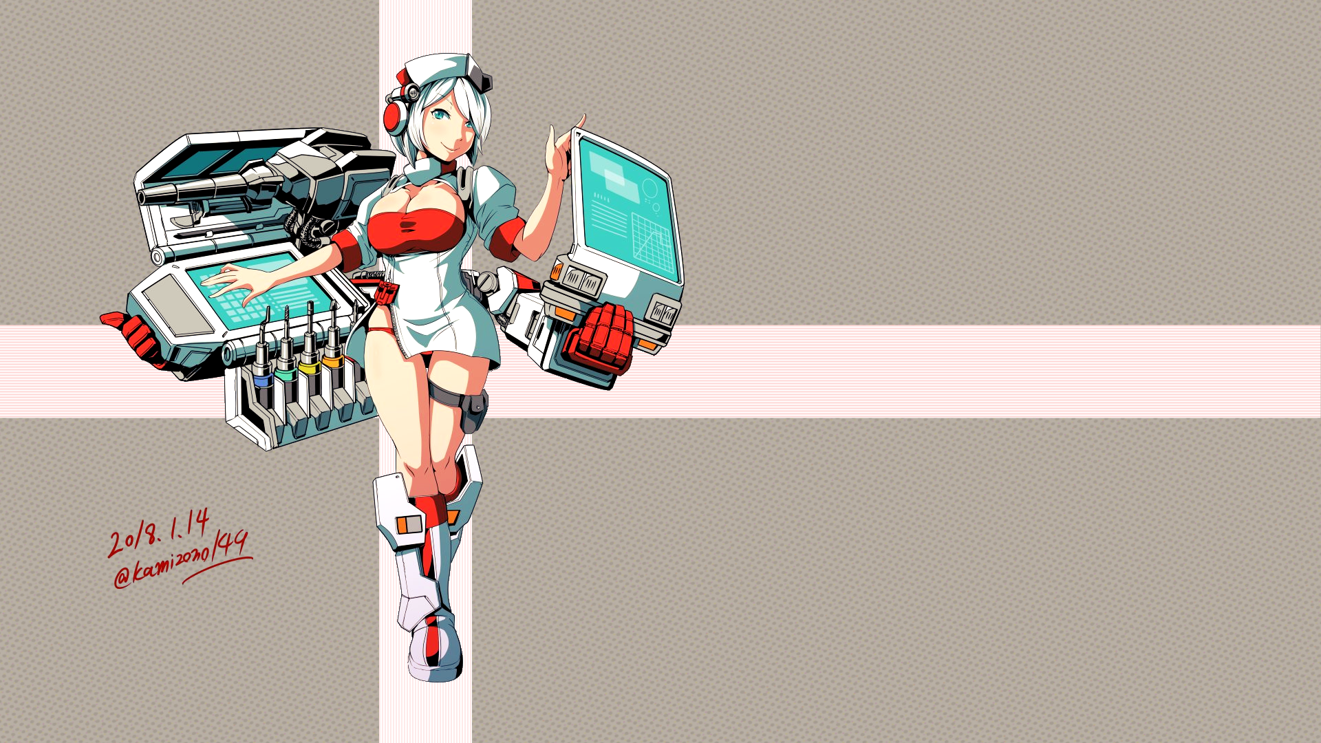 Anime 1920x1080 Transformers Ratchet (Transformers) Autobots blue eyes white hair cleavage Four Arms nurse outfit medicine hat red shirt weapon cannons robot boots steel mecha girls panties the gap thighs thighs together knee-high boots red panties red lingerie short hair bangs underwear cartoon reimagined humanized human android anime girls screens tight clothing red tops headphones cross halftone pattern vehicle bright simple background