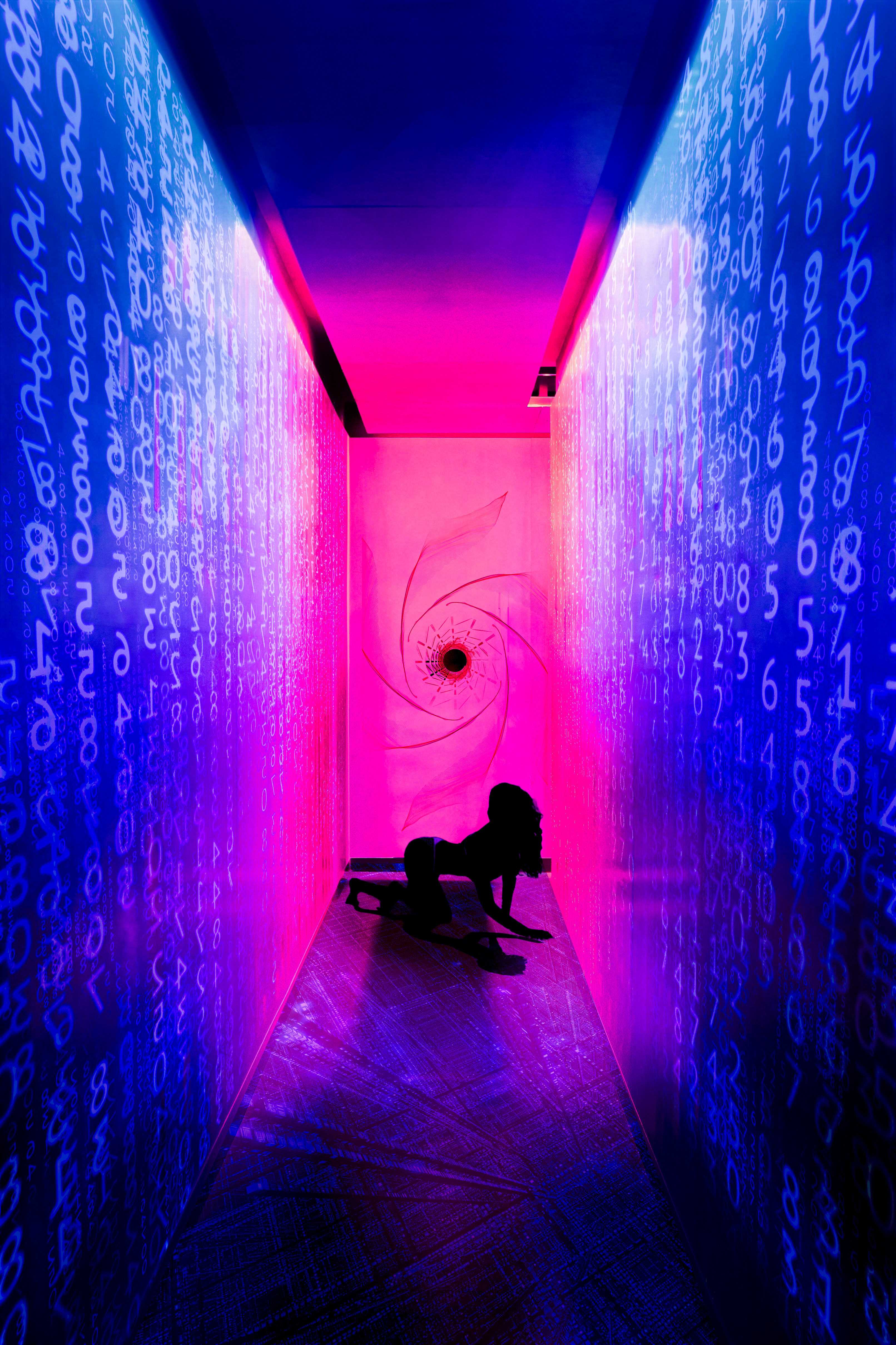 General 3223x4834 numbers women Synth pink blue hallway wall black code portrait display digital art