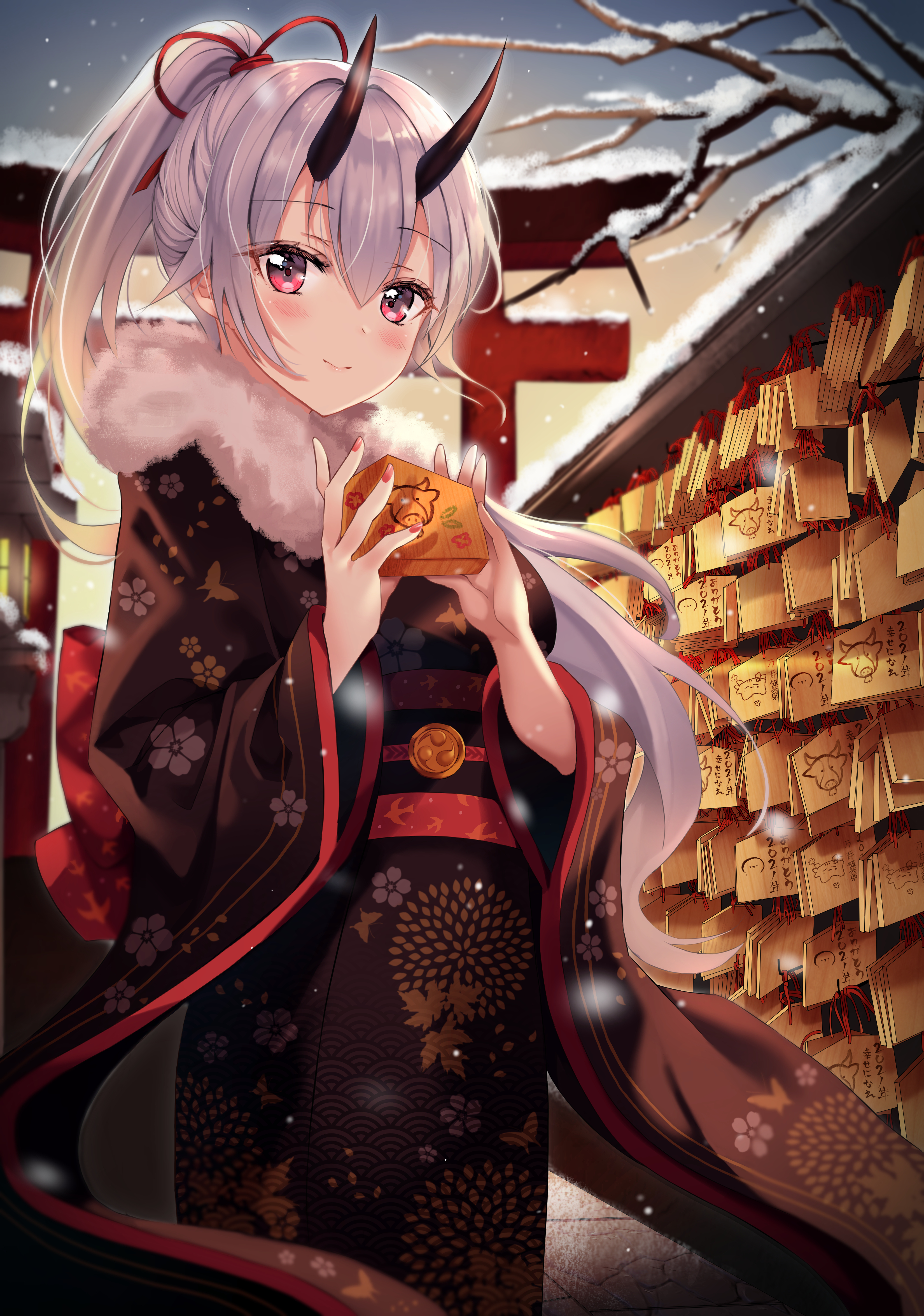 Anime 3300x4700 Fate series Fate/Grand Order Tomoe Gozen (Fate/Grand Order) anime girls Shaffelli New Year torii snow Japanese clothes horns silver hair ponytail red eyes smiling