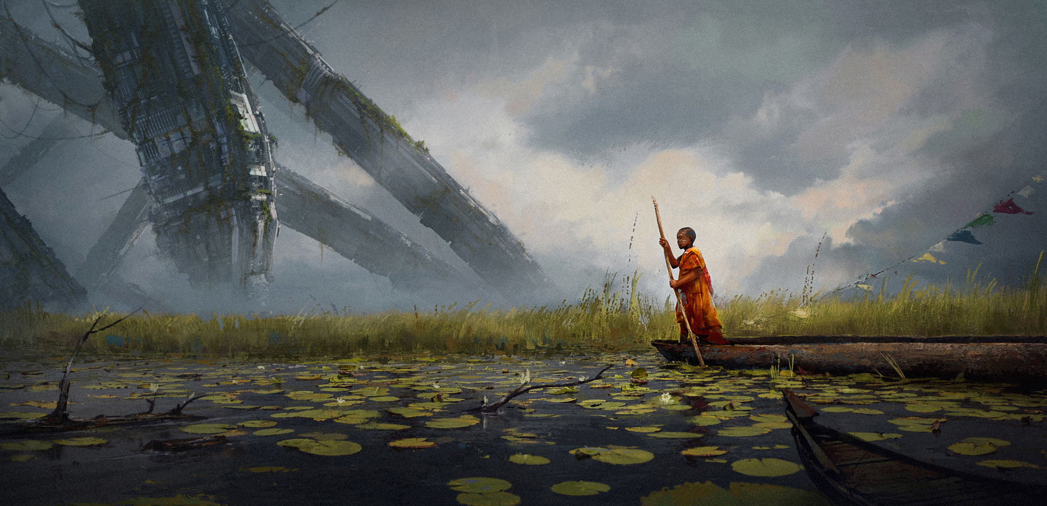 General 2066x1000 landscape digital art artwork lake water lilies boat monks kayaks clouds science fiction