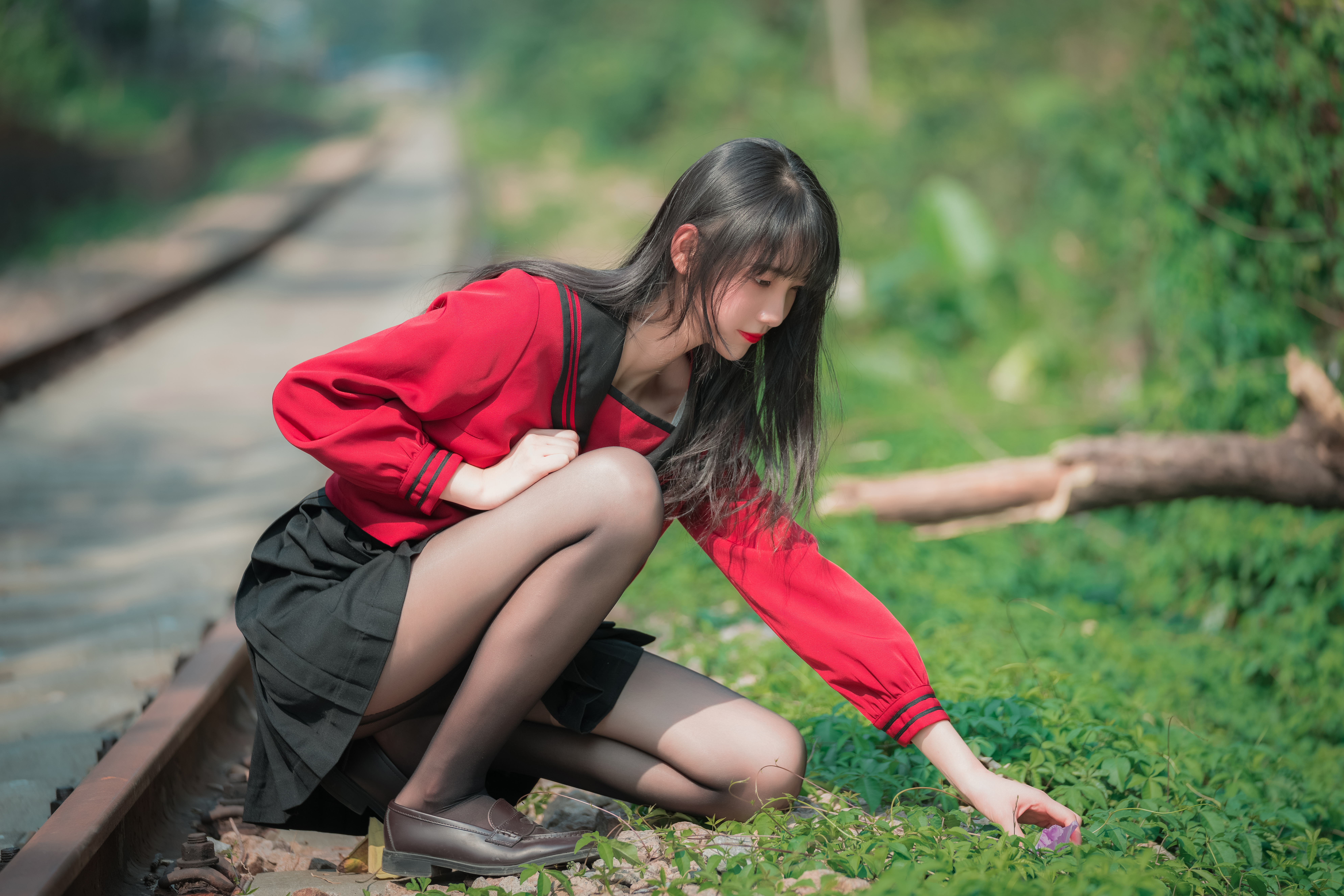 People 7952x5304 school uniform schoolgirl Asian black stockings pantyhose cosplay women model brunette women outdoors