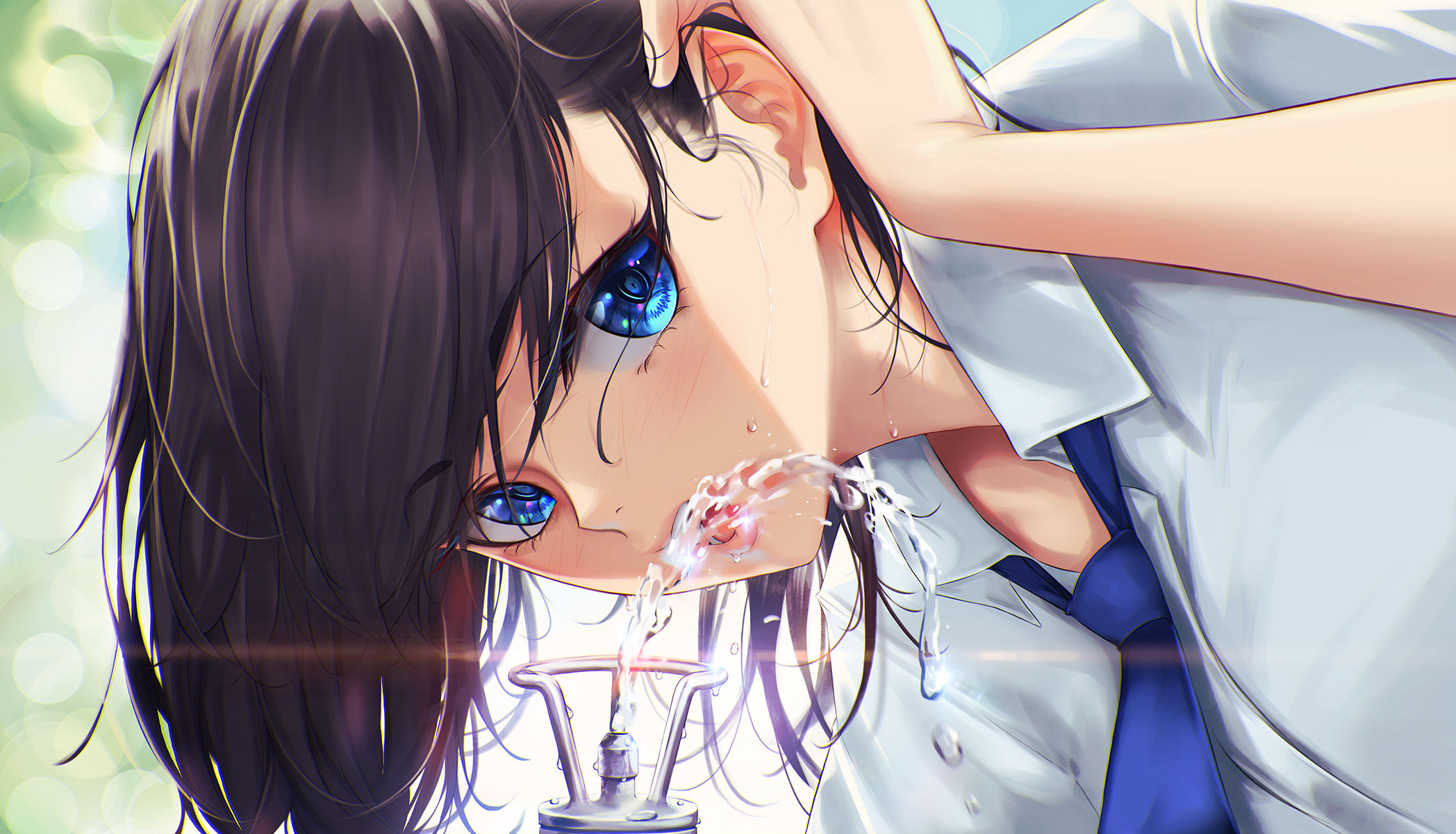 Anime 2096x1200 anime anime girls drinking fountains drinking blue eyes brunette long hair tie shirt depth of field looking at viewer blueorca artwork