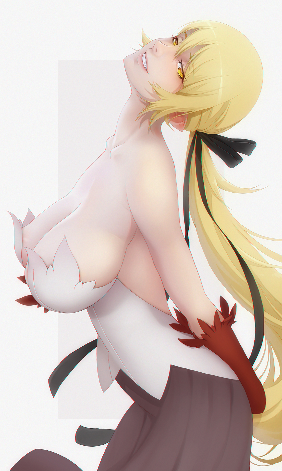 Anime 1151x1920 Monogatari Series big boobs cleavage no bra arm(s) behind back saggy boobs smiling parted lips yellow eyes monster girl vampires ponytail looking at viewer strapless dress bareback side view bangs Oshino Shinobu long hair ecchi erotic art  red gloves hair ribbon head tilt simple background anime 2D portrait display k19chan bare shoulders pointy ears fangs anime girls fan art pink lipstick pale curvy blonde gloves elbow gloves