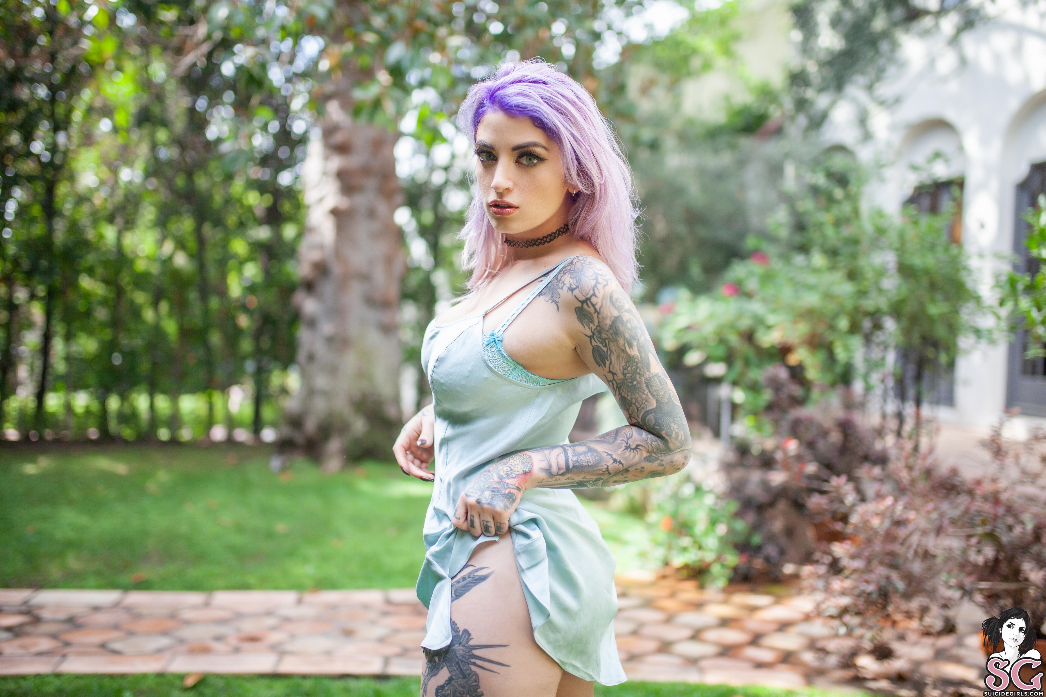 People 3600x2400 Pulp Suicide women model dyed hair looking at viewer parted lips choker dress lifting dress depth of field outdoors women outdoors tattoo inked girls Suicide Girls
