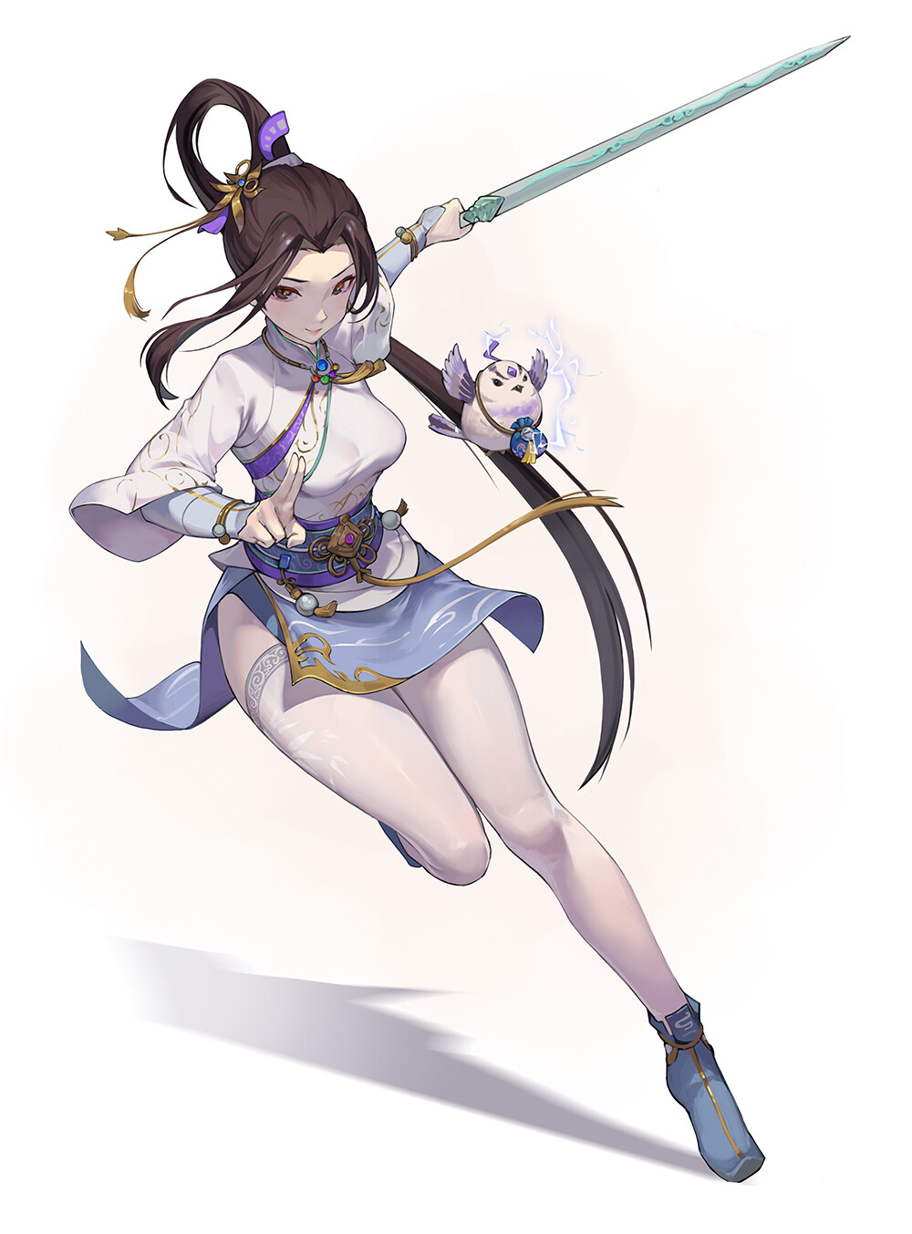 Anime 1000x1353 anime anime girls brunette long hair sword women with swords legs dress white background simple background Chinese dress thigh-highs artwork ShopP