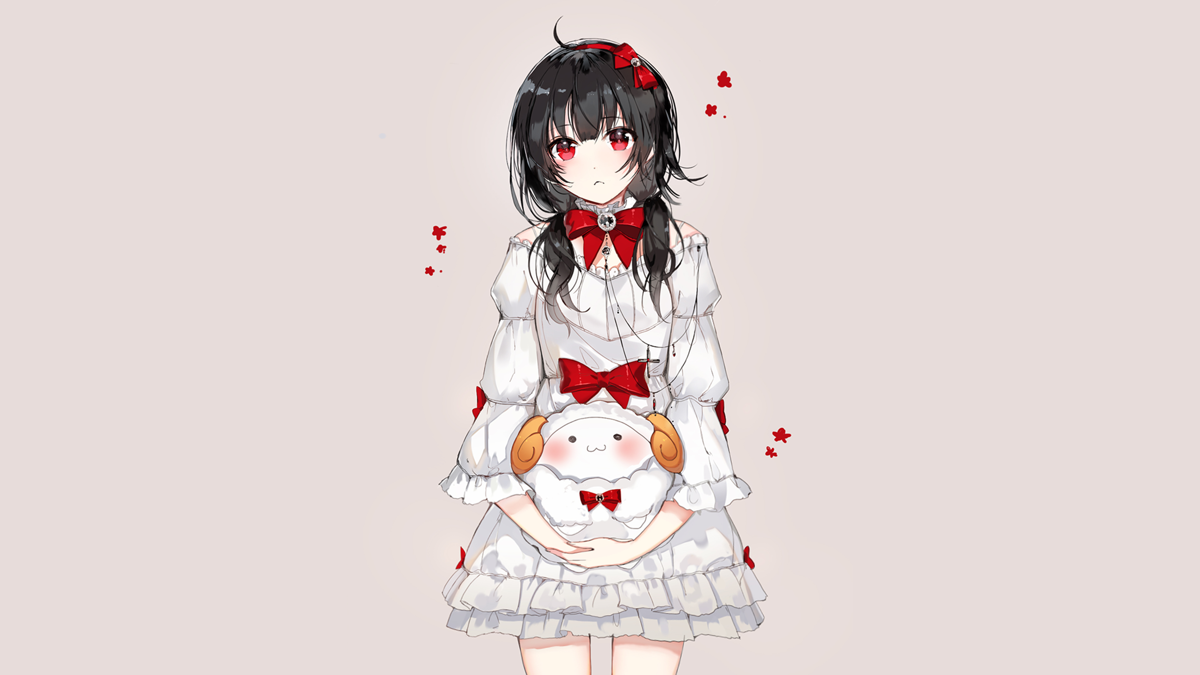 Anime 3840x2160 anime anime girls original characters artwork NaruHana black hair red eyes dress stuffed animal