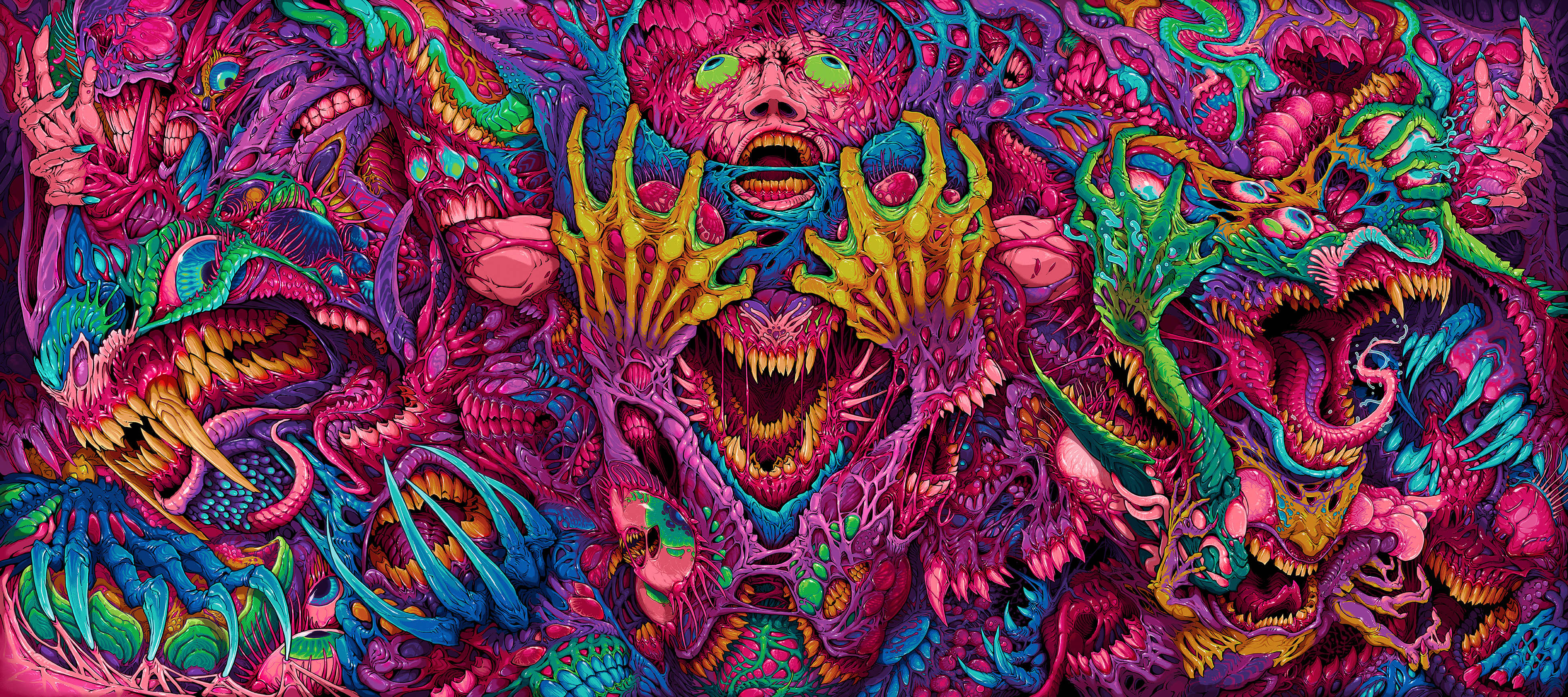 General 3888x1728 Hyperbeast triptych digital art creature colorful horror
