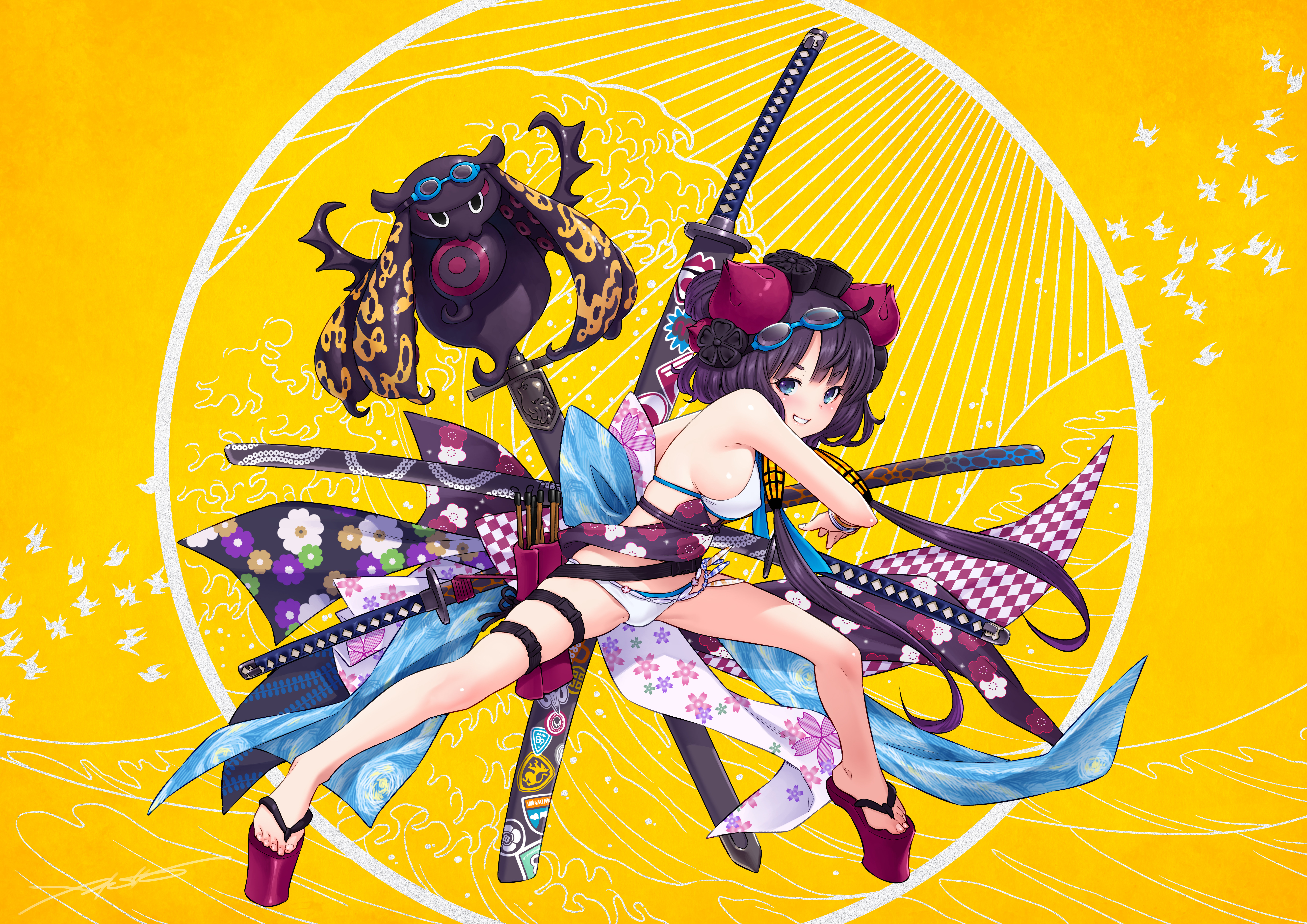 Anime 7892x5582 Kazuma Muramasa Fate series anime anime girls yellow background sword weapon women with swords spread legs smiling slim body boobs fantasy art fantasy girl