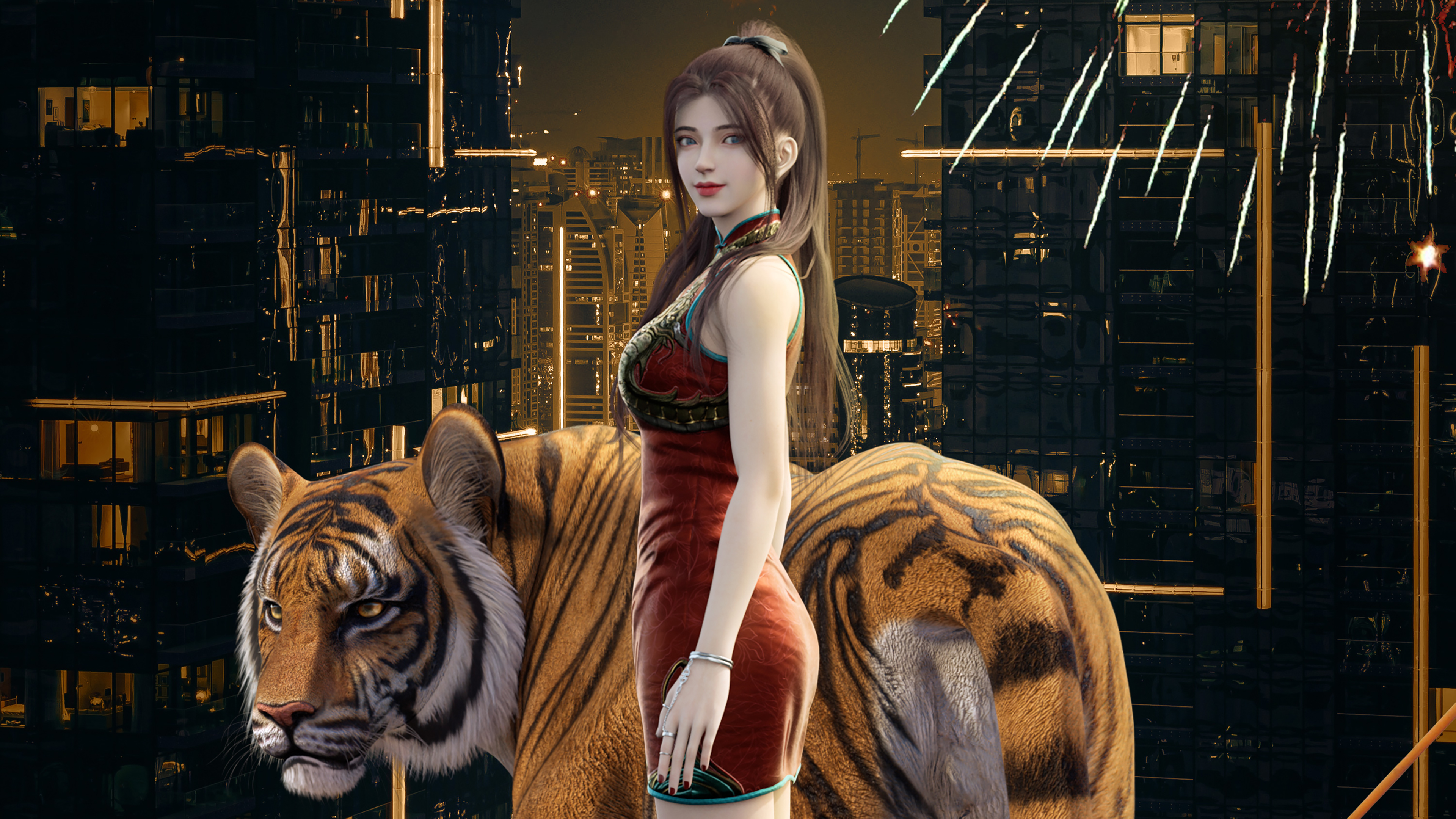 People 3840x2160 artwork women digital art tiger animals mammals big cats red dress brunette red lipstick long hair