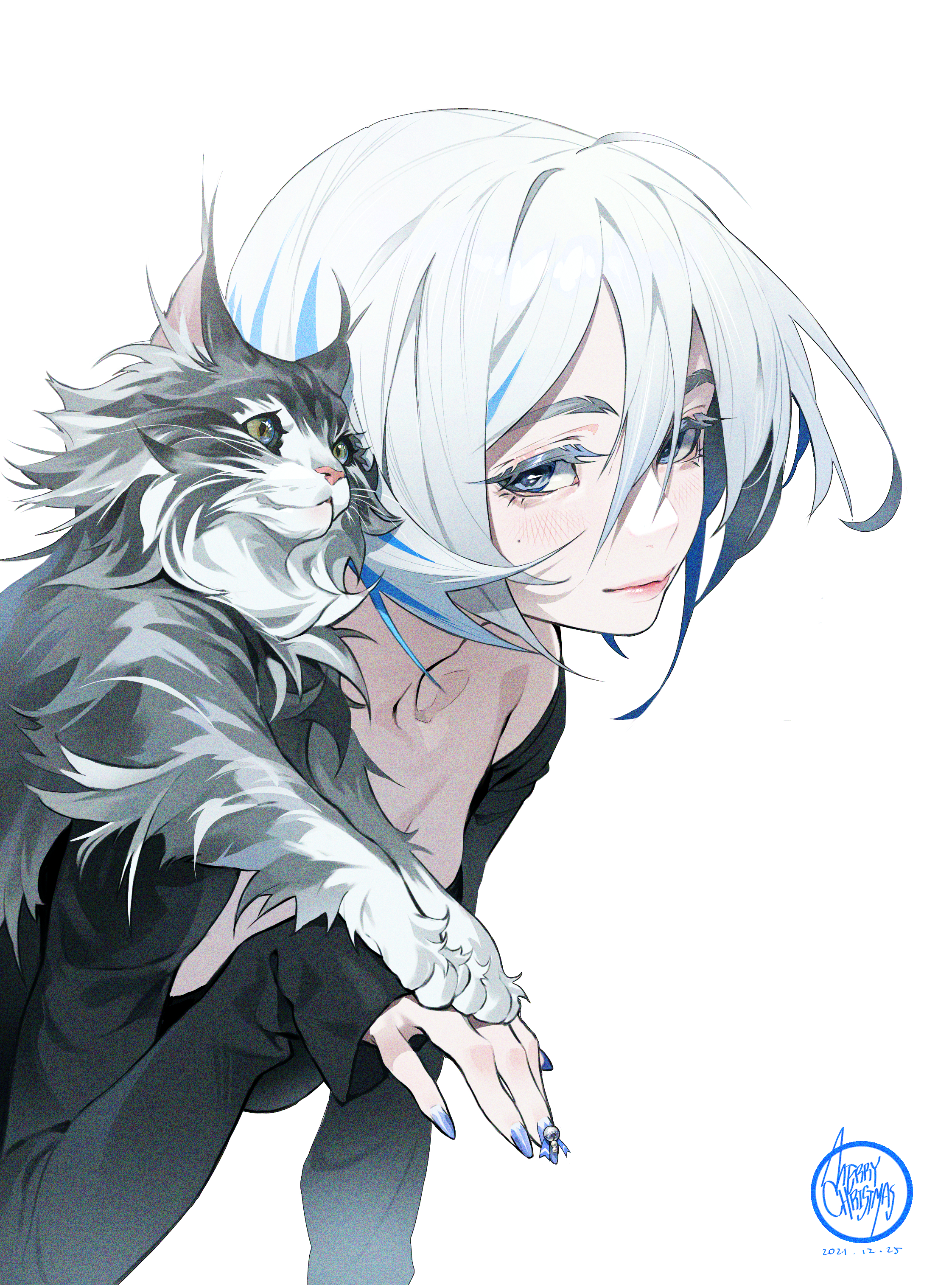 Anime 2244x3028 white hair blue eyes cats anime girls artwork TZ BARD