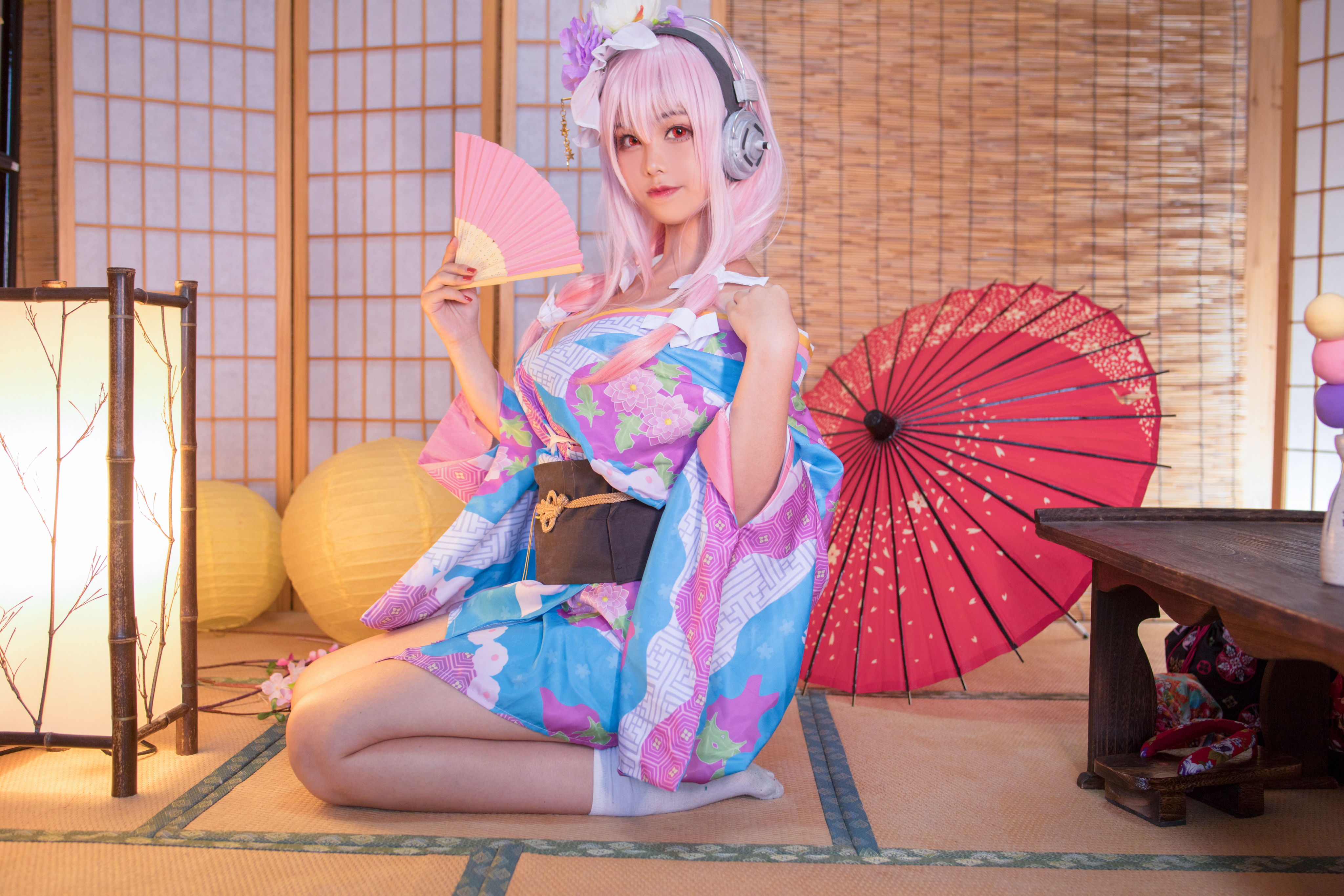 People 4096x2731 Mizhimaoqiu women model Asian cosplay Super Sonico anime kimono bare shoulders kneeling indoors women indoors