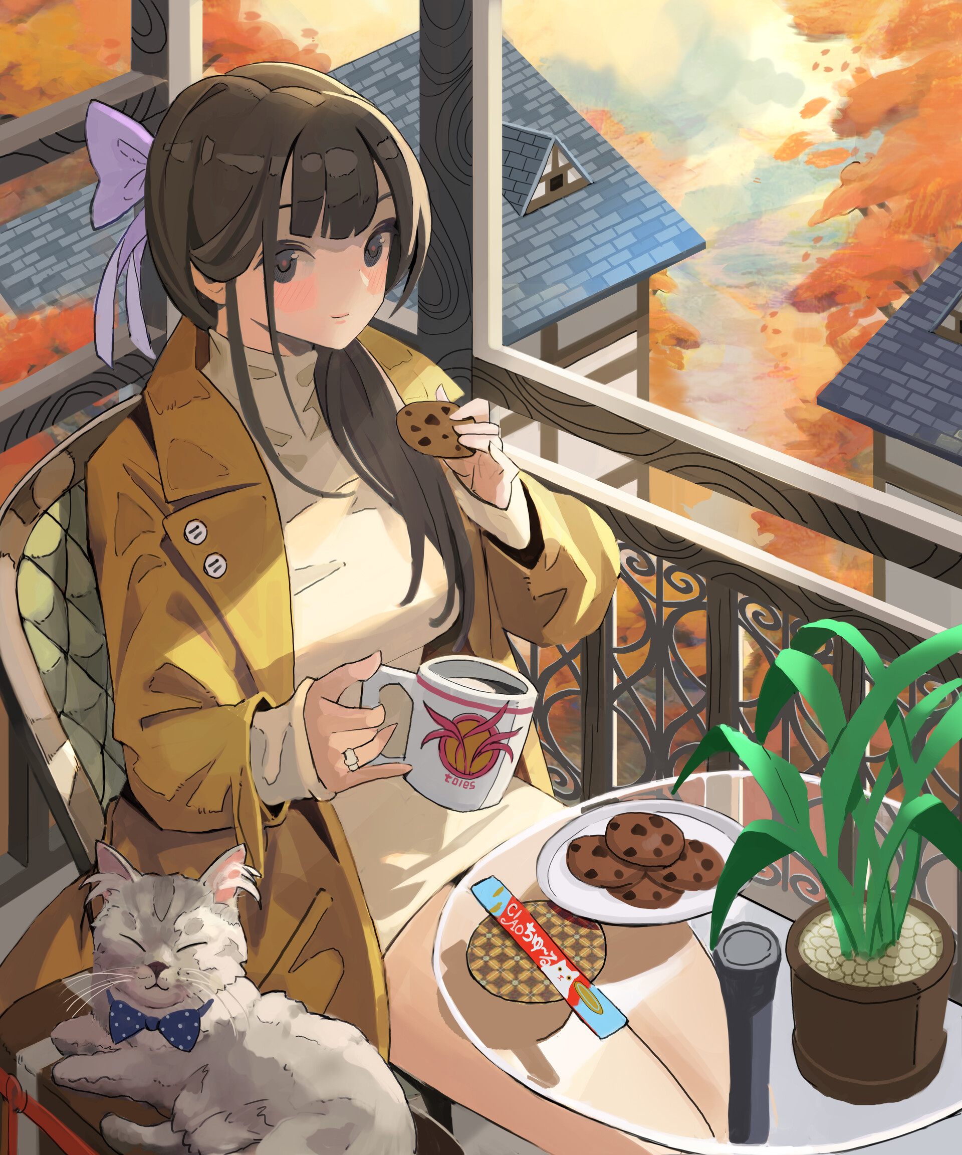 Anime 1920x2304 aruana sick anime girls anime brunette food cookies cup cats sitting long hair