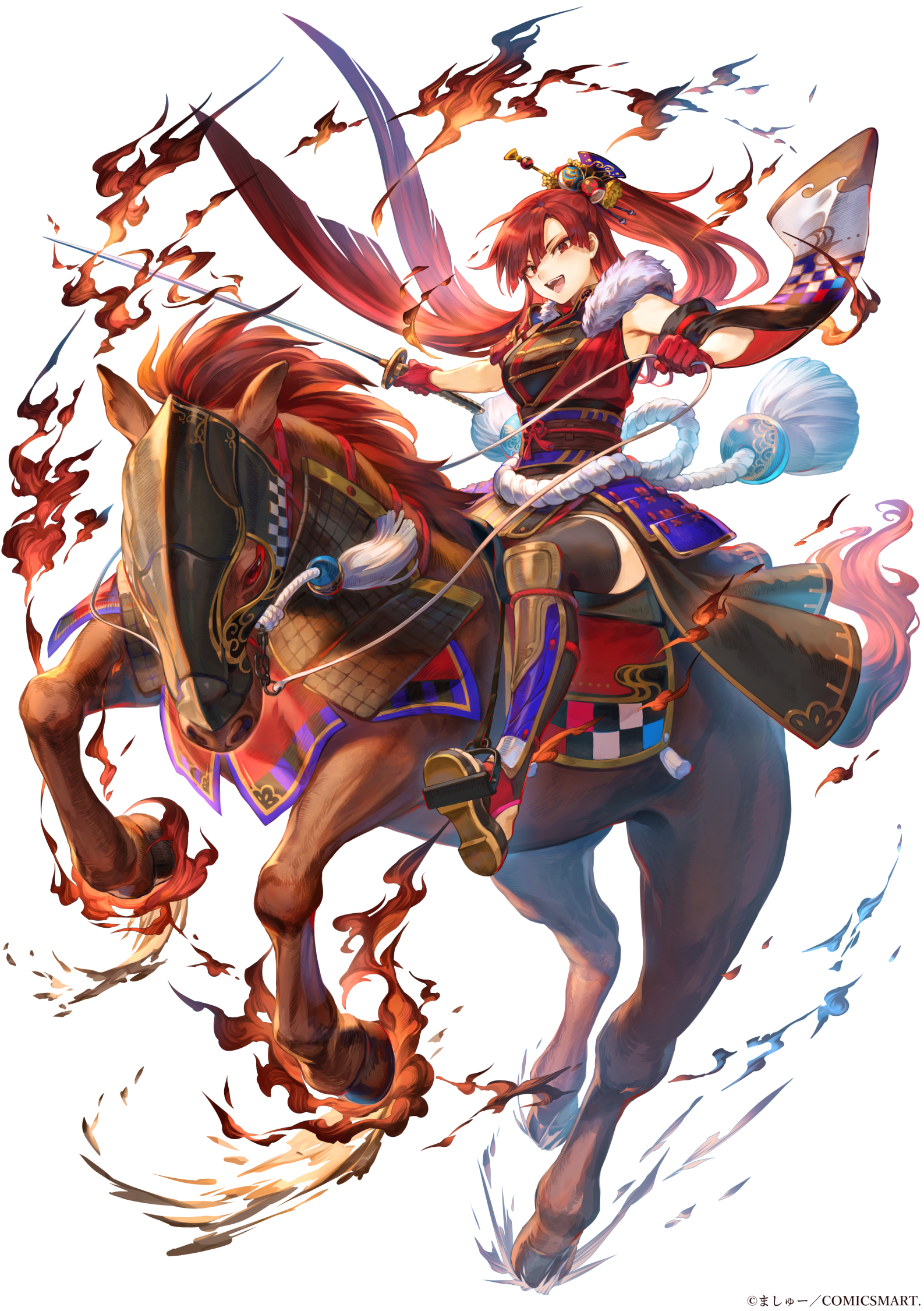 Anime 1587x2251 anime anime girls digital art artwork 2D portrait display Mashu 003 redhead red eyes sword armor horse