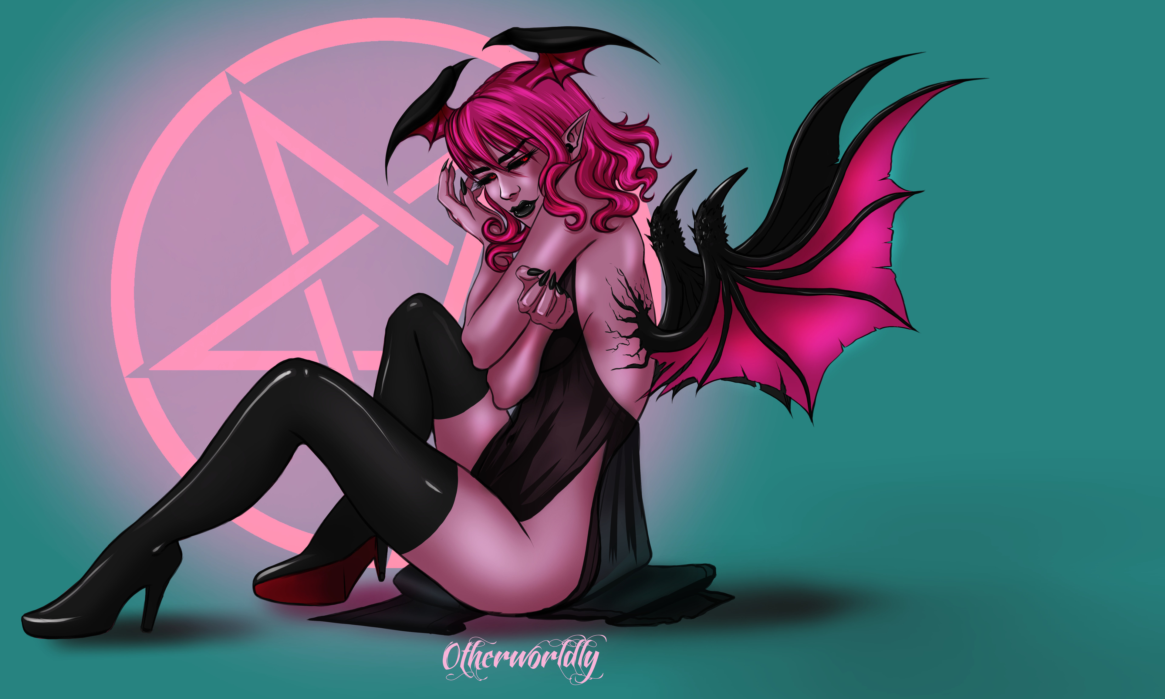 General 3840x2304 succubus women digital painting digital art on the ground on the floor demon girls demon looking at viewer artwork thigh-highs black thigh-highs fan art black clothing bare bottom looking back bareback bare shoulders high heels arms crossed black high-heels pink hair high heeled boots Gothic gothic lolita messy hair nails hair   wings black nails black lipstick dark lipstick fantasy art closed mouth black heels fangs horns heels long eyelashes eyelashes eye lashes fallen angel eyeliner thick eyelashes simple background back wavy hair necromancers red eyes glowing eyes blue background makeup black dress Necromancer dress boots sitting long nails short hair ArtStation pentagram inverted pentagram
