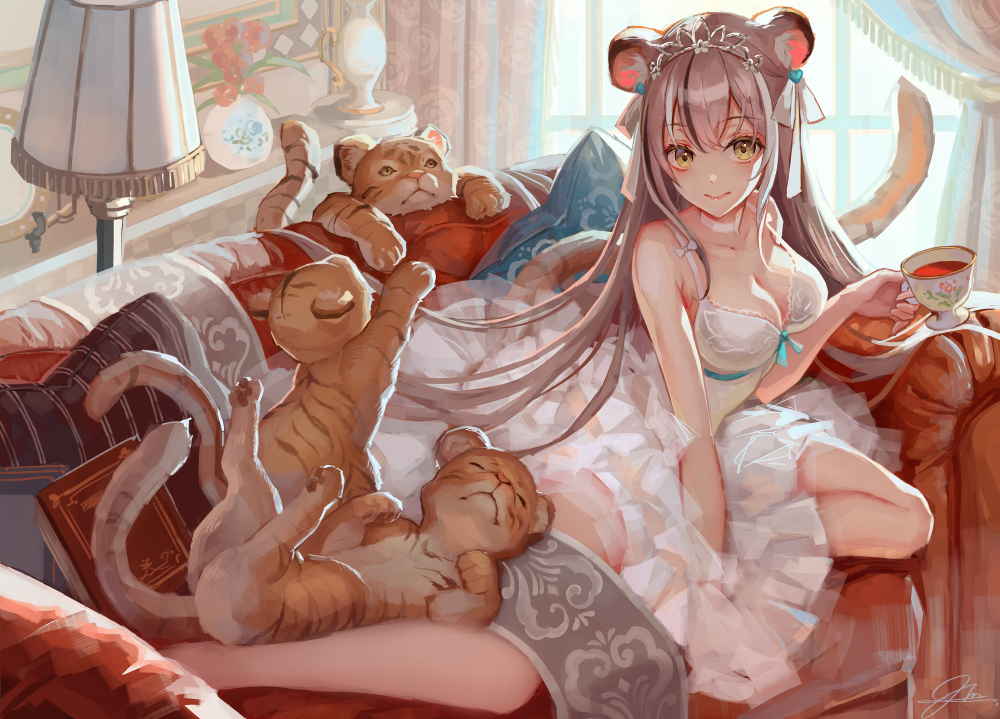 Anime 2000x1438 anime girls anime original characters animal ears fantasy girl tiger cub long hair bangs looking at viewer smiling cleavage dress white dress cup couch 2D artwork drawing digital art illustration Mai Okuma