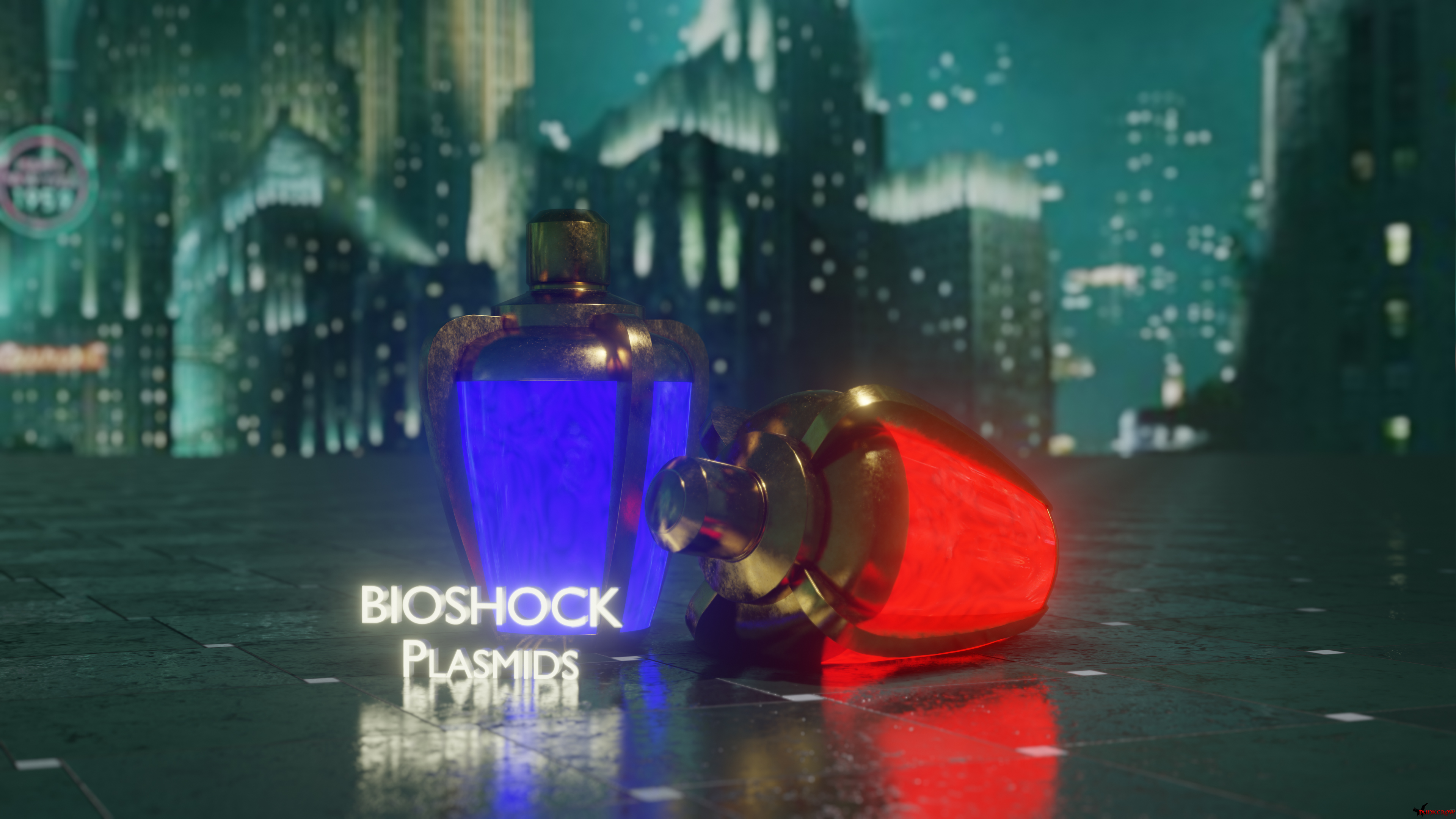 General 3840x2160 BioShock plasmid glowing lights reflection Blender tiles video game art digital art CGI video games