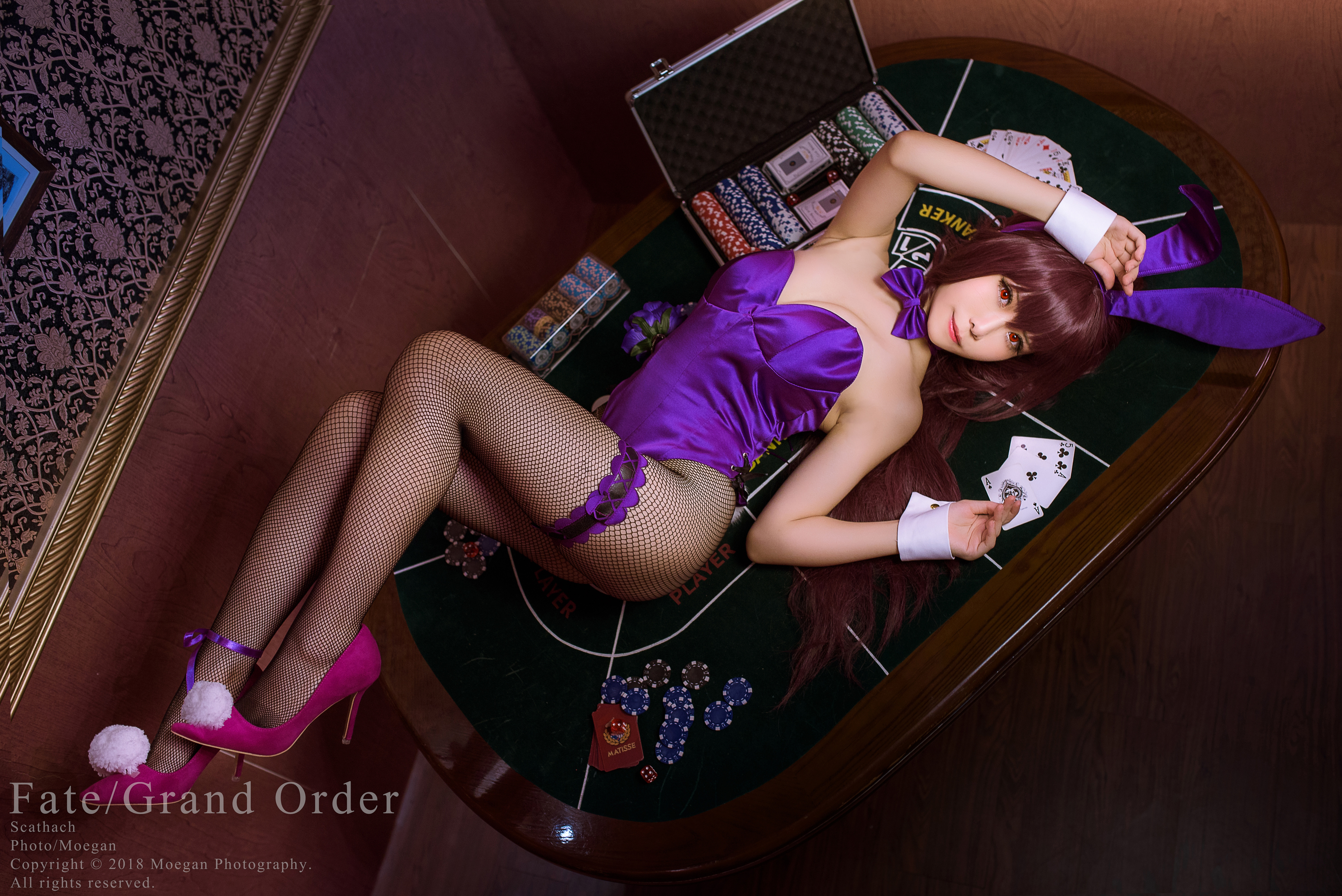 People 6016x4016 women model Asian cosplay Yomiya Fate series Fate/Grand Order Scathach bunny girl fishnet pantyhose cleavage women indoors looking at viewer 2018 (year) Moegan poker poker chips playing cards