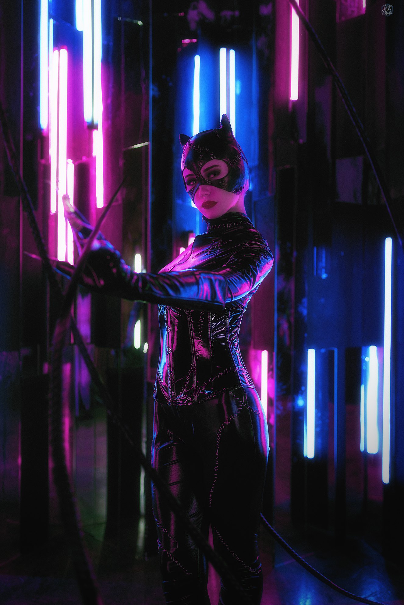 People 1326x1986 DC Comics Catwoman cosplay latex latex bodysuit black latex mask face mask whips dark women photography neon pink light blue light