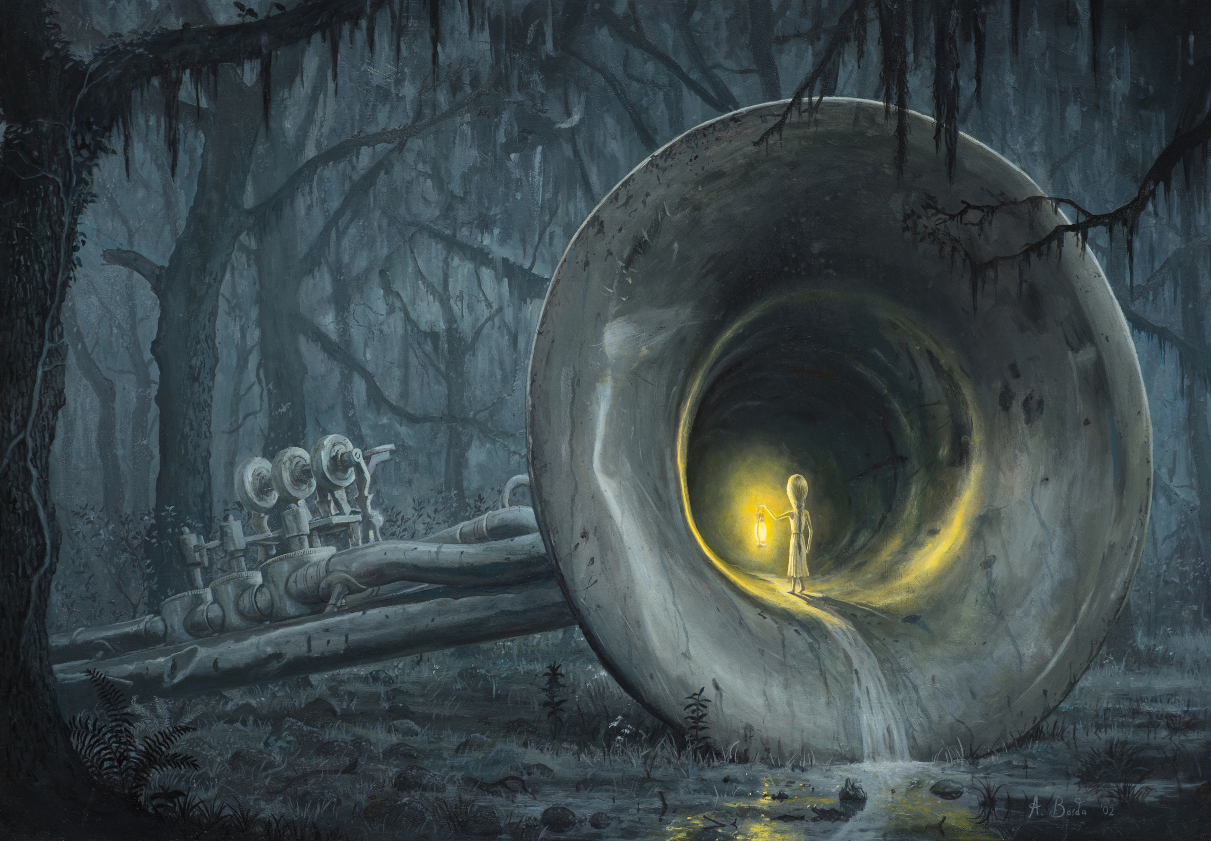 General 2400x1666 artwork painting Adrian Borda surreal musical instrument trees trumpet lights creepy giant children lantern forest water river digital art