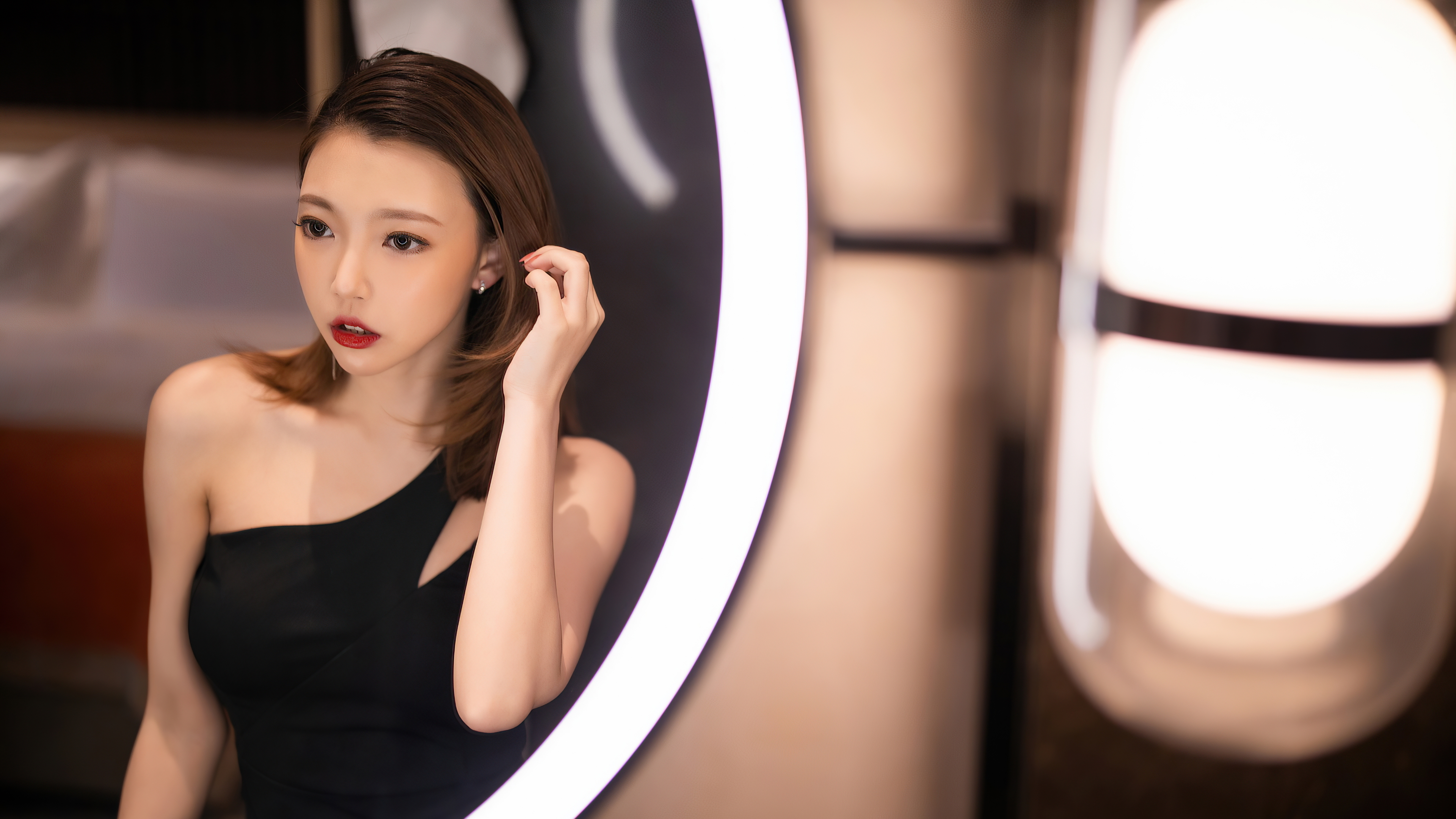 People 3840x2160 women Asian Chinese model mirror black dress red lipstick
