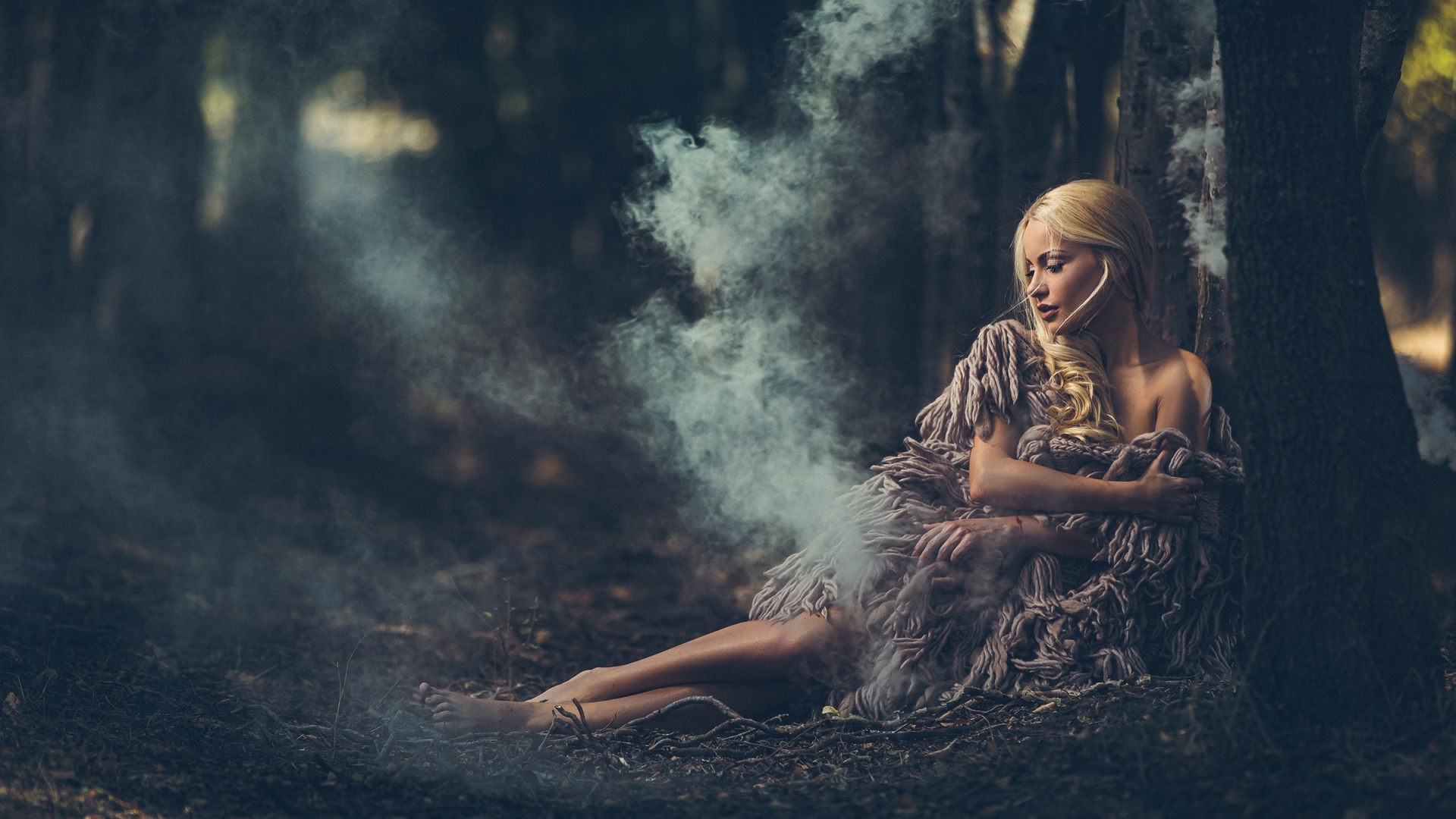 People 1920x1080 women model blonde long hair women outdoors smoke trees bare shoulders barefoot forest sitting closed eyes