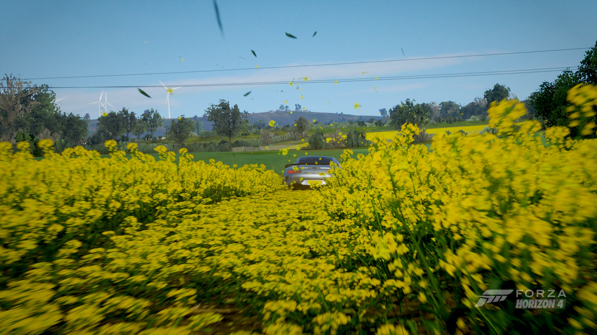 General 1920x1080 Forza Forza Horizon 4 flowers watermarked German cars Grand Tour PlaygroundGames sky video games leaves Mercedes-Benz vehicle Mercedes-AMG GT car windmill CGI wind