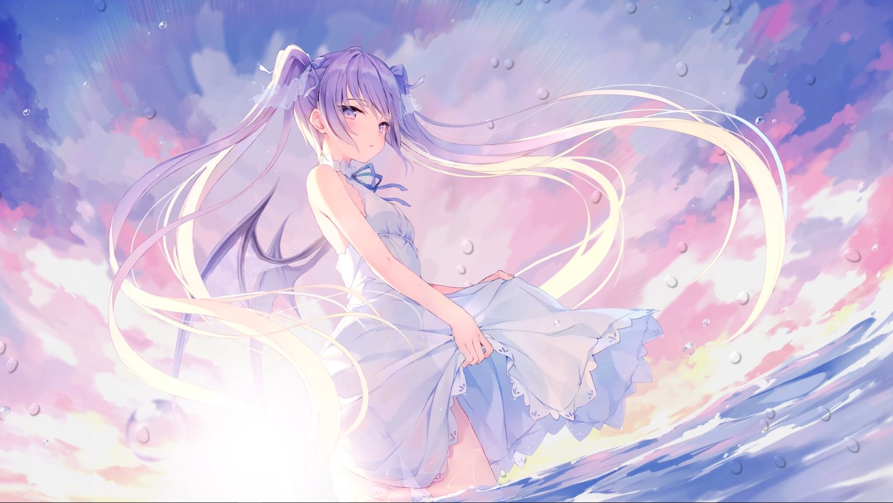 Anime 1807x1018 anime girls artwork Rurudo wings long hair purple hair purple eyes twintails dress sun dress lifting dress water standing