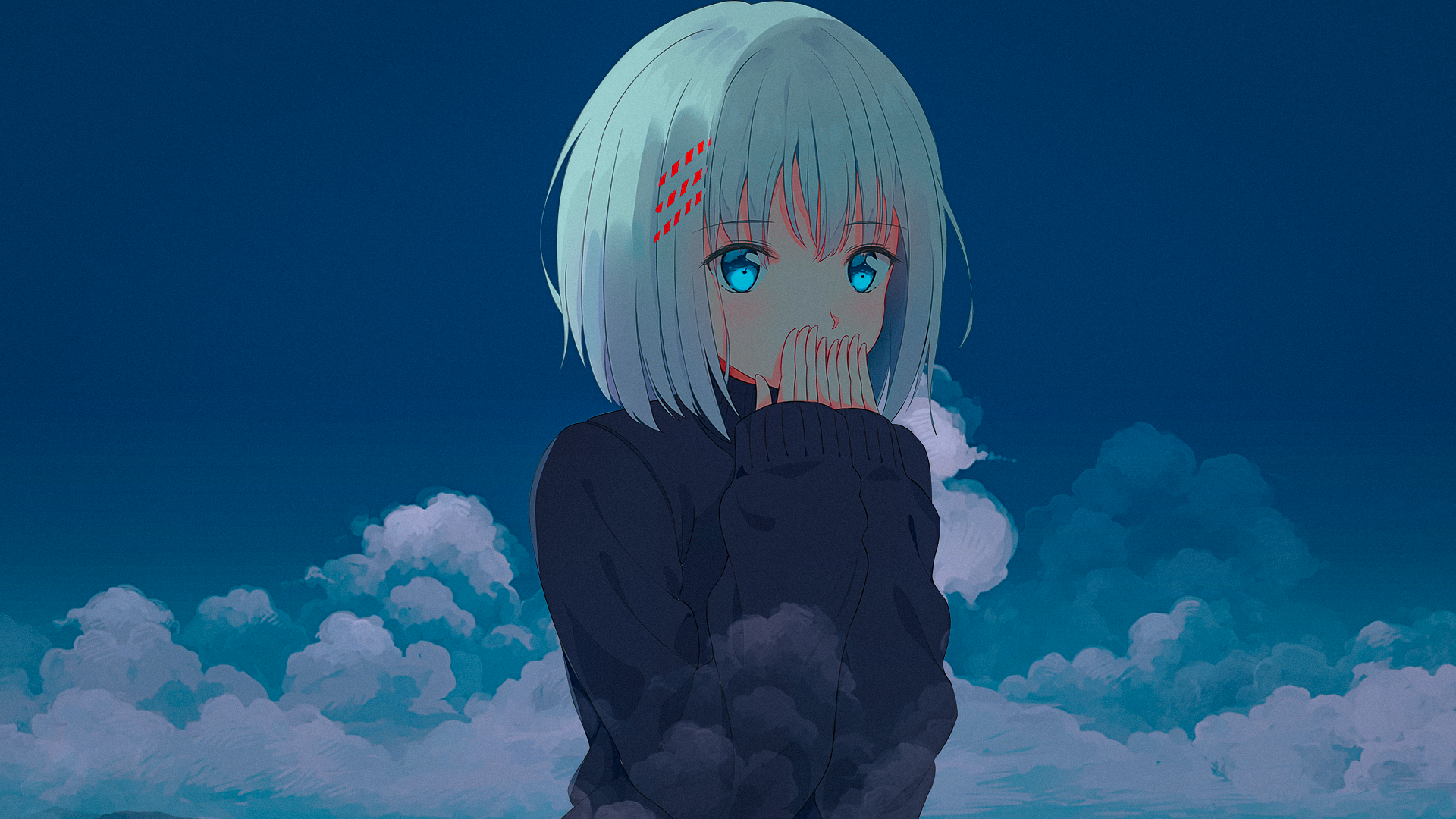 Anime 1920x1080 anime anime girls sky color correction short hair silver hair blue eyes sweater