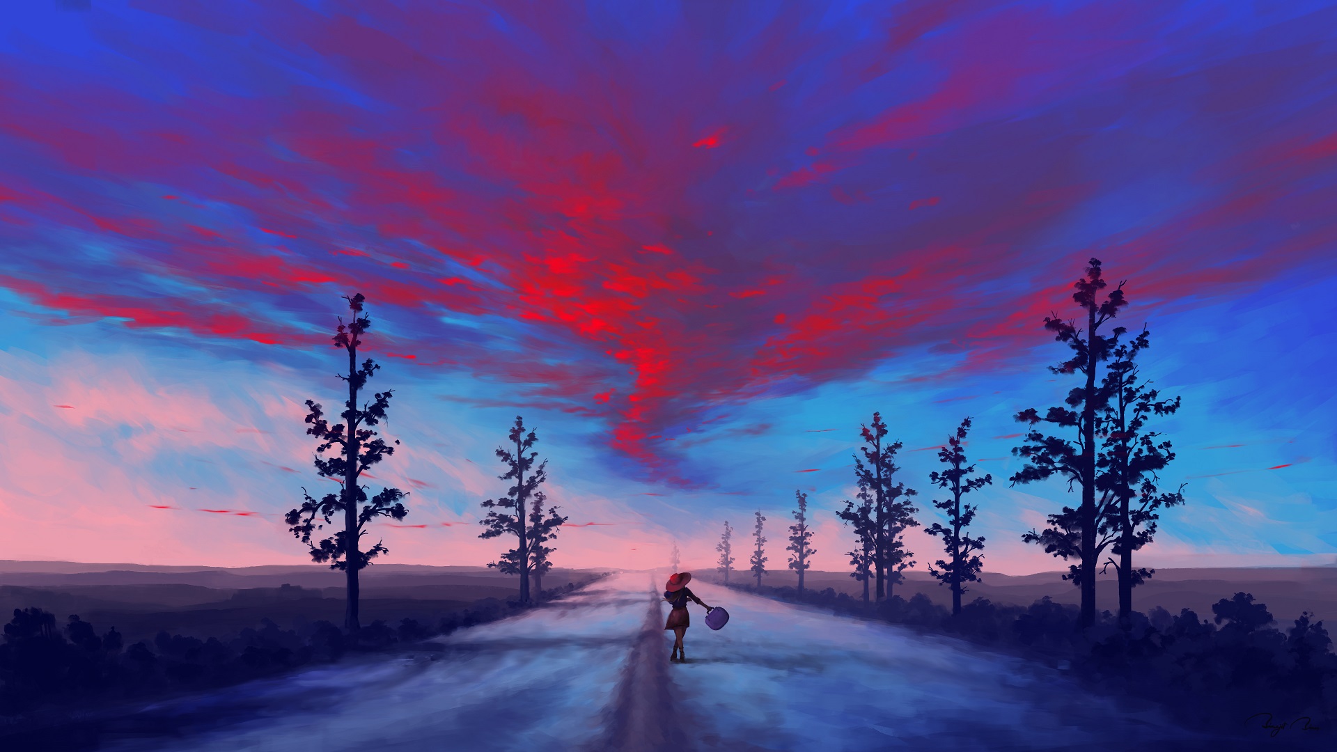 General 1920x1080 digital painting sky clouds BisBiswas nature women trees outdoors women outdoors artwork colorful road hat long road