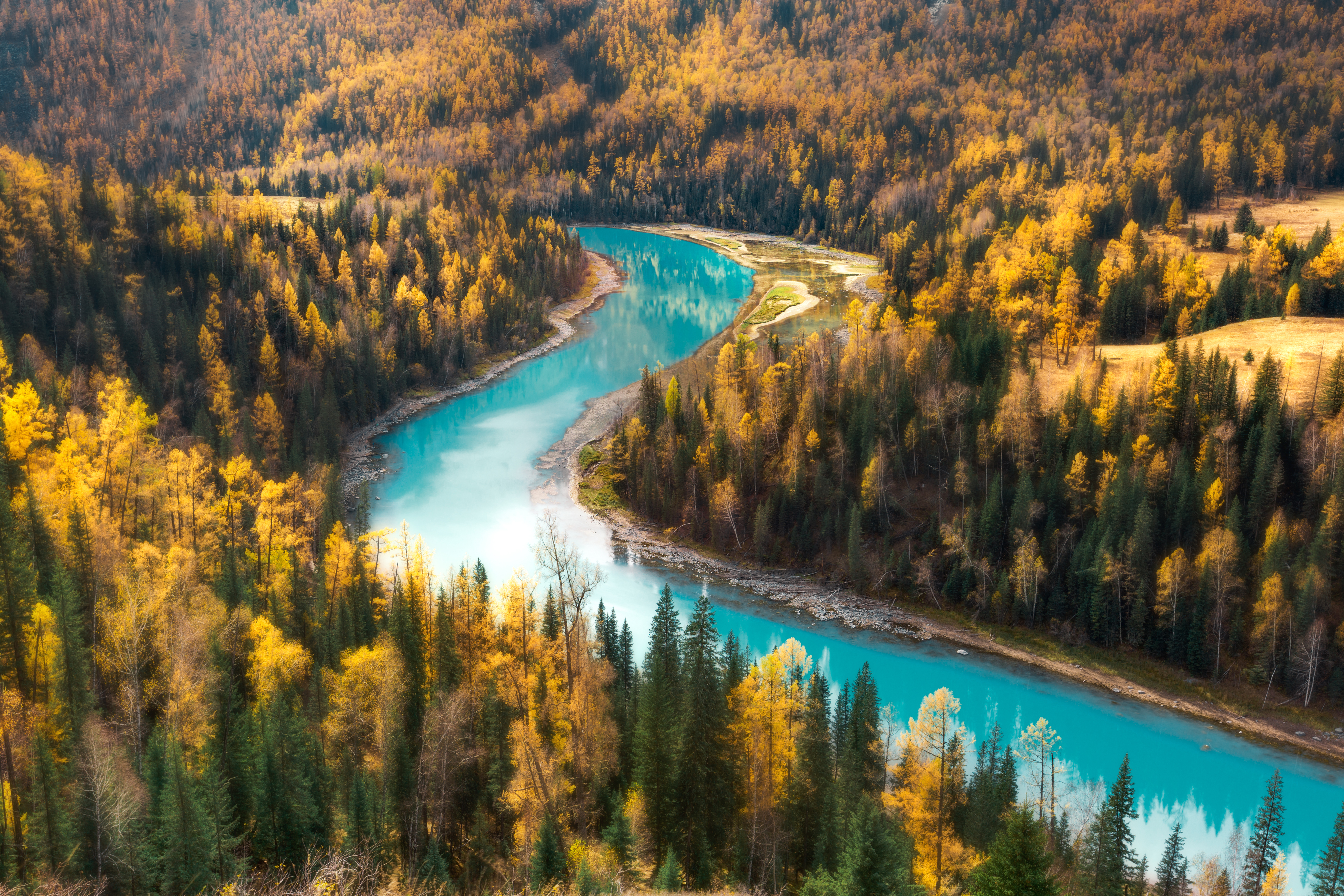 General 5767x3844 yellow blue river forest landscape nature fall aerial view