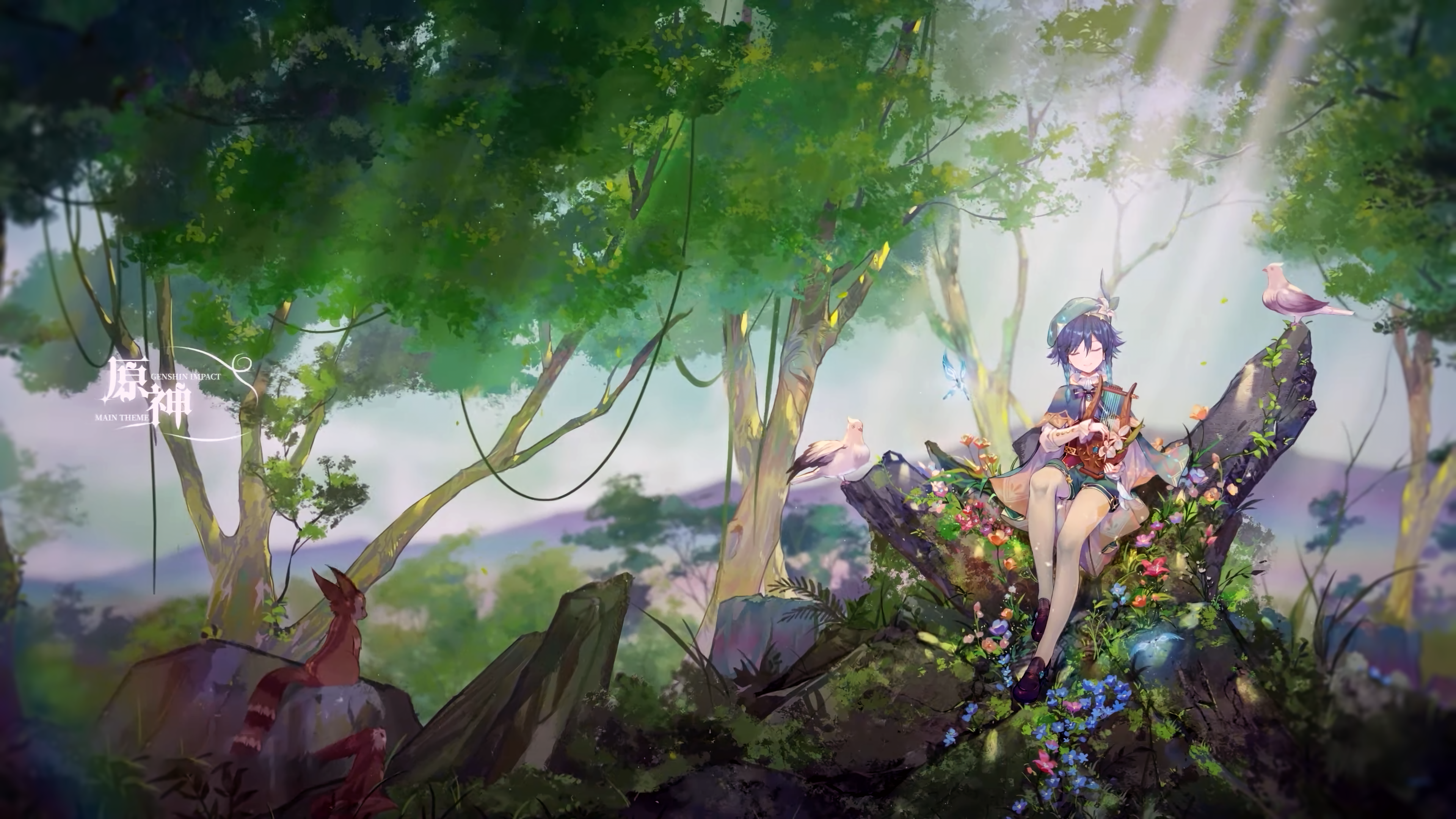 Anime 3840x2160 anime boys Genshin Impact Venti (Genshin Impact) squirrel forest trees birds butterfly