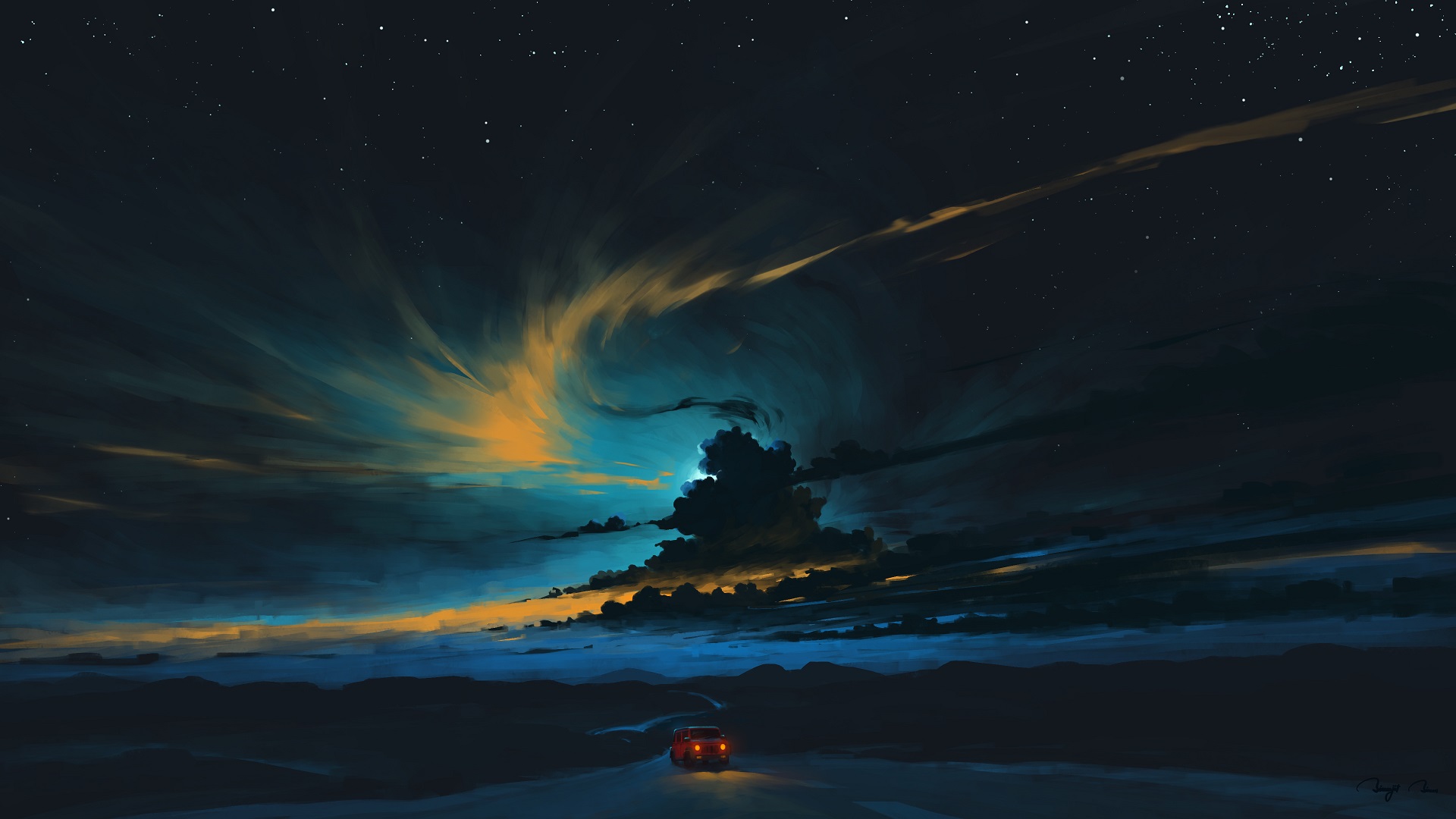 General 1920x1080 digital painting landscape night car sky BisBiswas