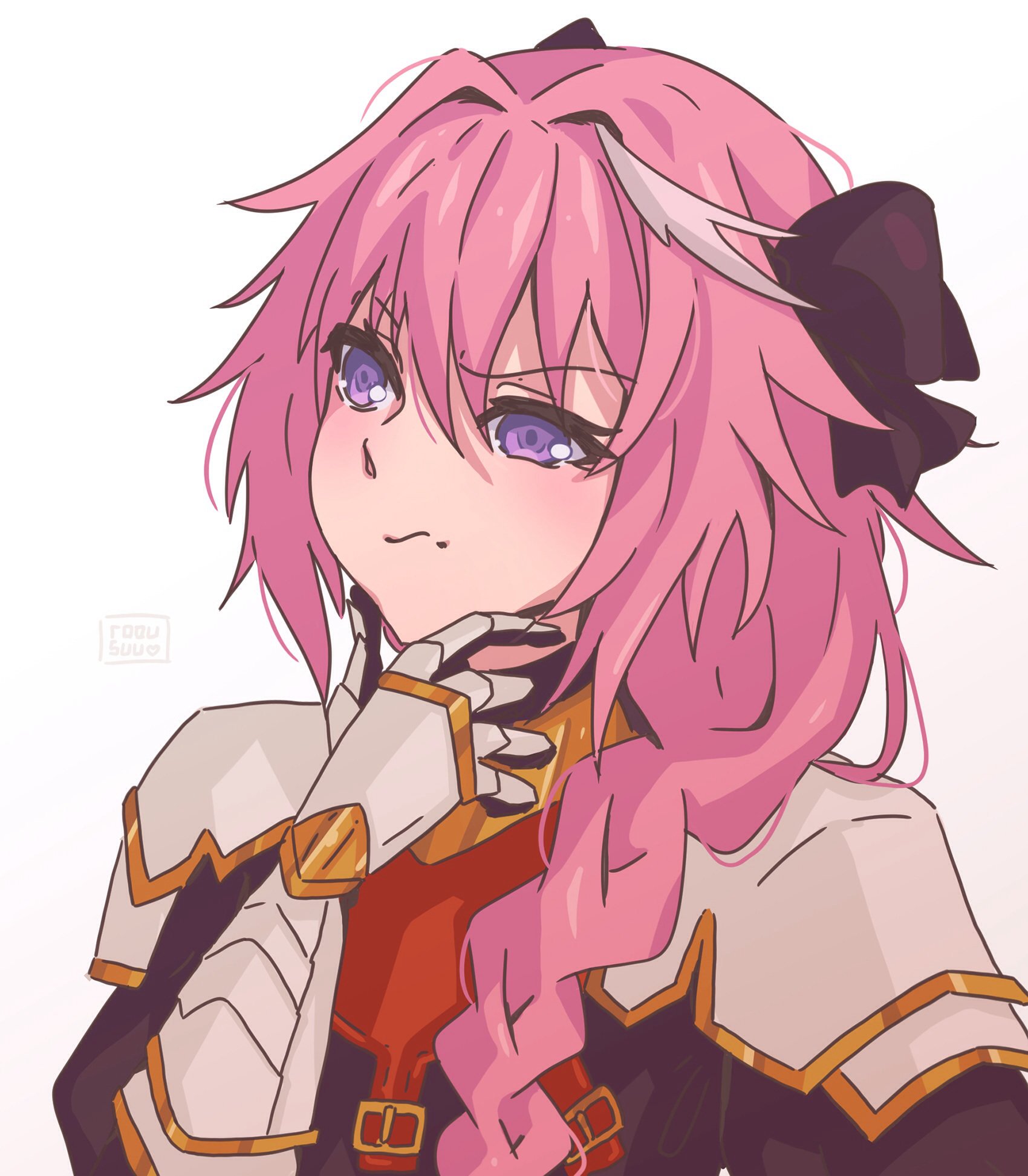 Anime 1700x1946 Fate/Apocrypha  Fate/Grand Order Fate series two tone hair french braids hair bows armor gauntlets hand on face purple eyes looking away black ribbons 2D simple background Astolfo (Fate/Apocrypha) anime boys femboy bangs anime artwork fan art