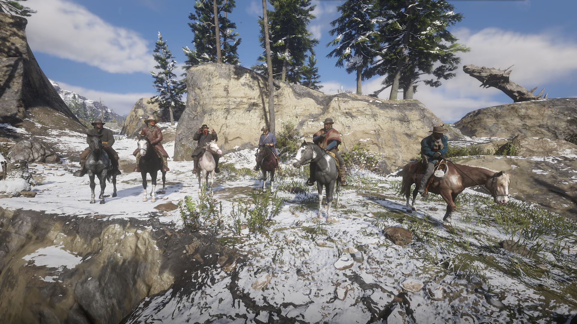 General 1920x1080 Red Dead Redemption 2 Rockstar Games trees video games horseback video game art screen shot video game characters CGI snow snow covered video game men gloves moustache beard sky clouds rocks horse animals