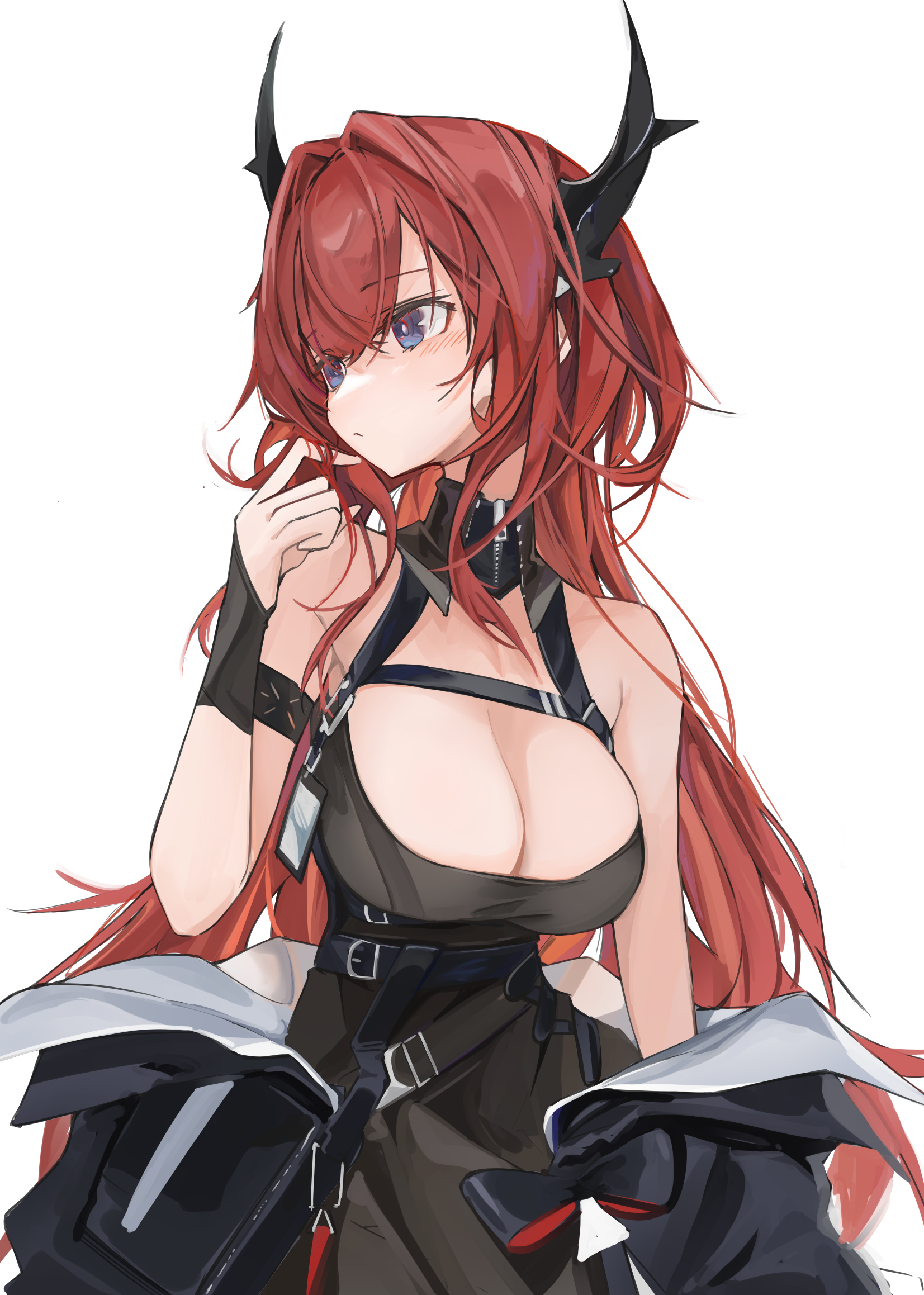 Anime 1653x2317 anime anime girls Arknights Surtr (Arknights) horns redhead long hair blue eyes dress cleavage big boobs Mikojin