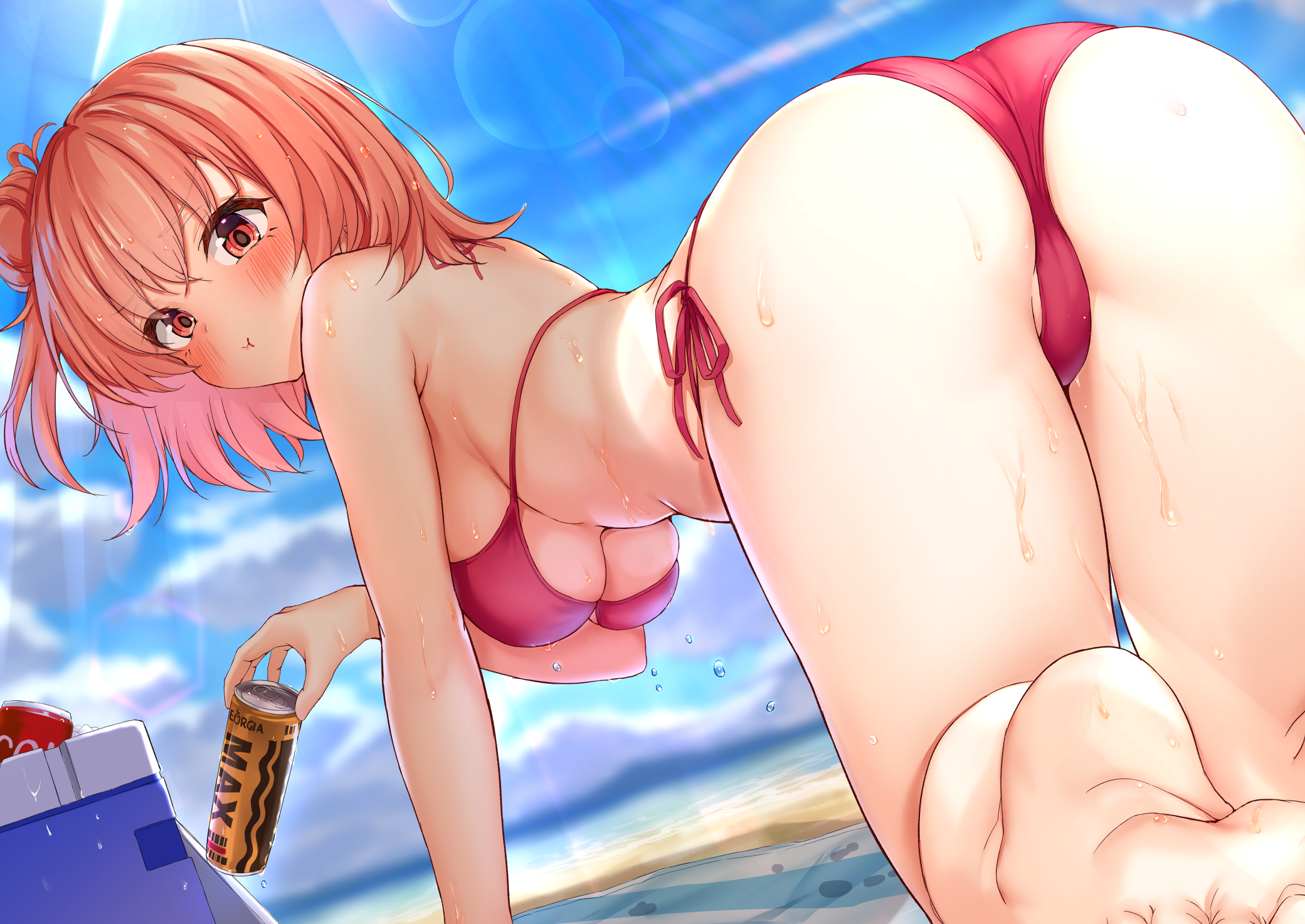 Anime 2081x1474 anime girls beach bikini blushing ass pouting redhead red eyes bent over big boobs underboob artwork Meri-san Yahari Ore no Seishun Love Comedy wa Machigatteiru Yuigahama Yui