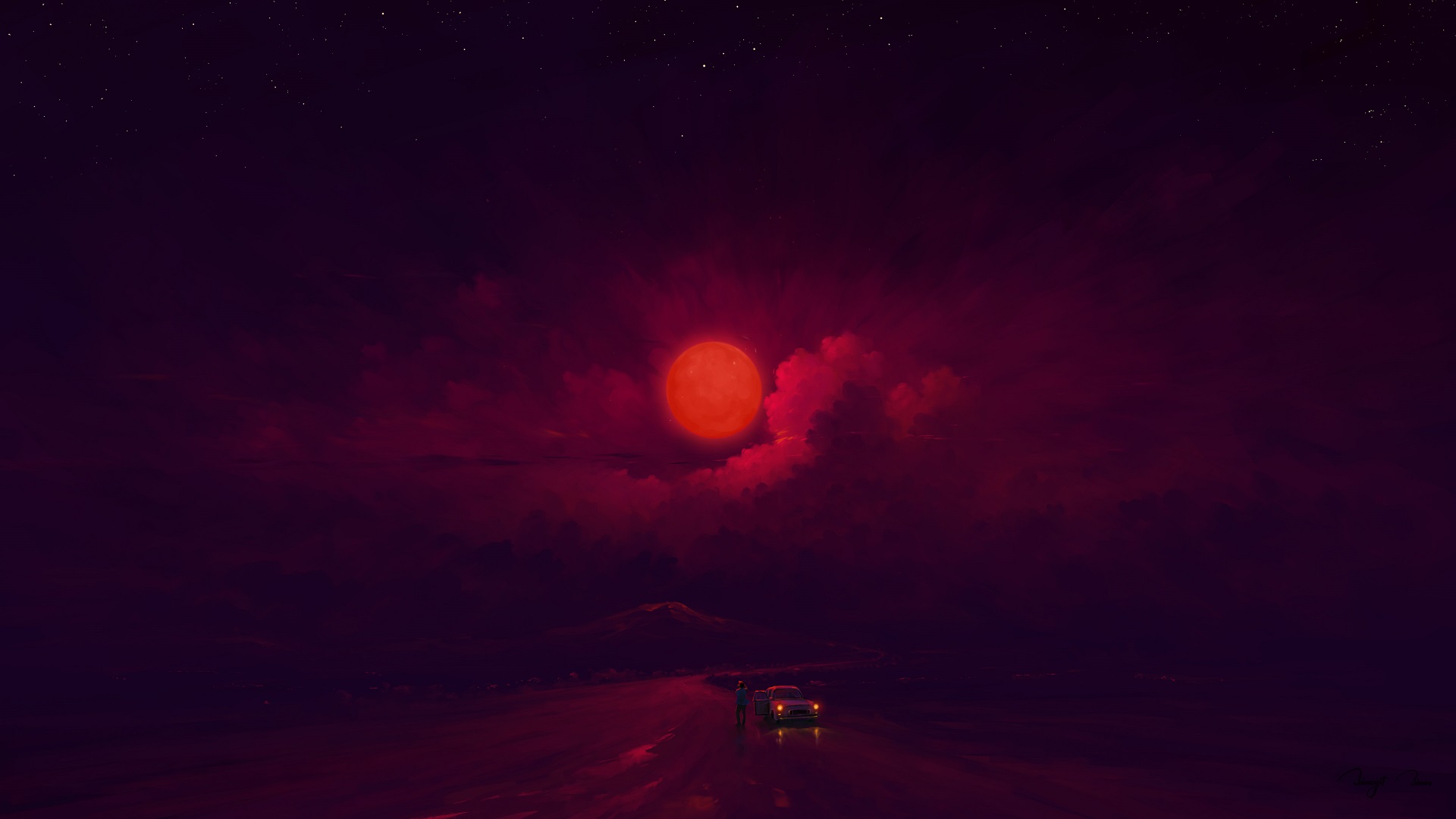 General 1920x1080 digital painting red moon night sky clouds BisBiswas