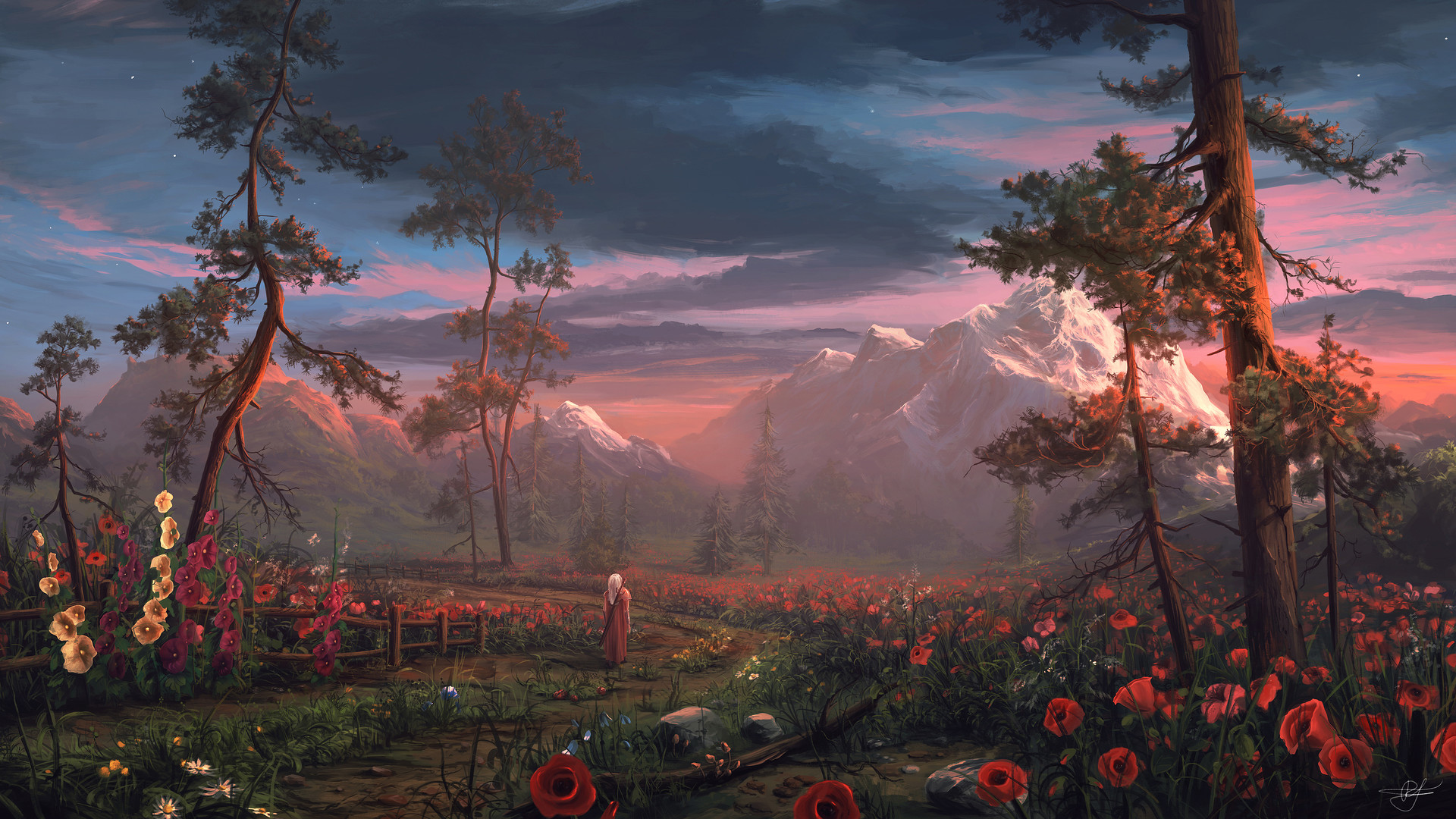 General 1920x1080 Max Suleimanov digital art landscape poppies mountains trees clouds The Witcher 3: Wild Hunt