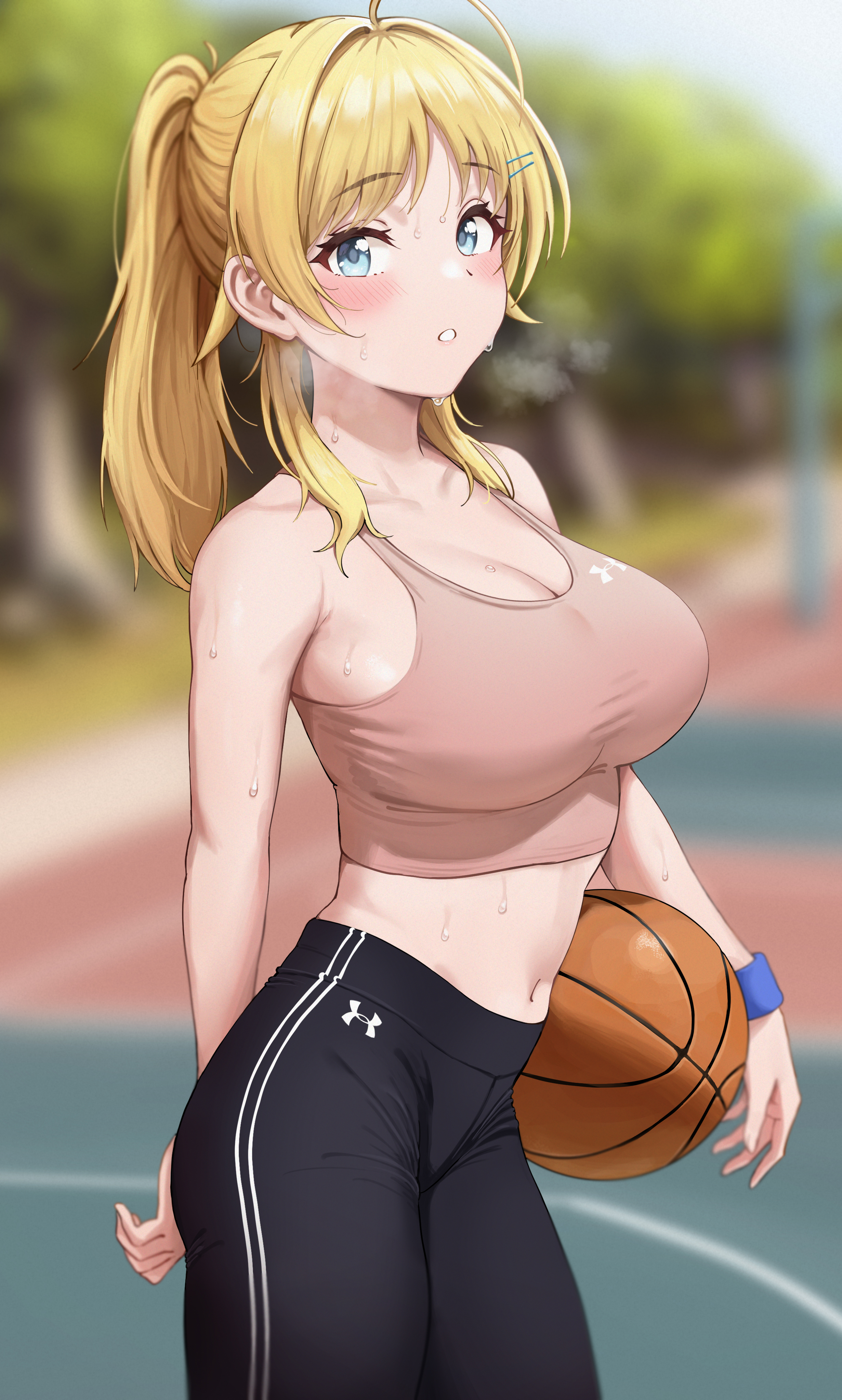 Anime 2462x4093 anime anime girls Chagama Teishoku big boobs sports bra blonde ponytail THE iDOLM@STER Hachimiya Meguru boobs