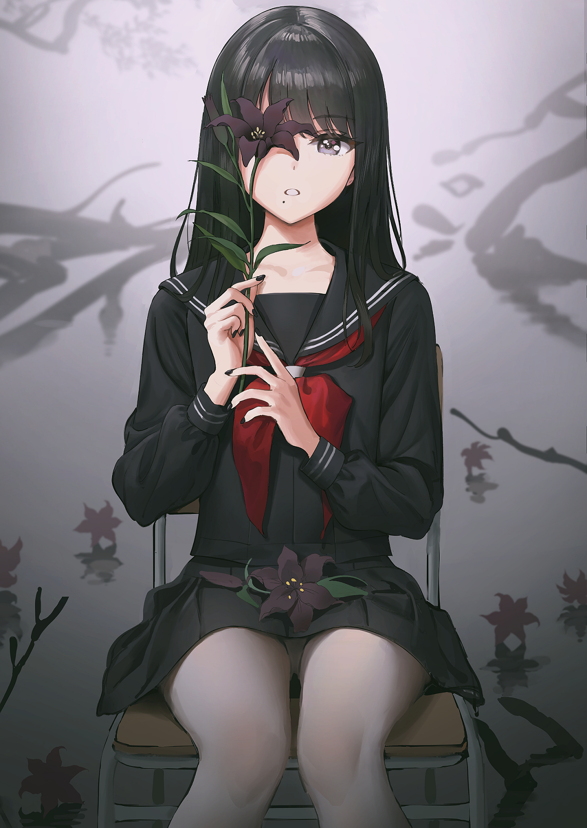 Anime 1200x1694 red scarfs school uniform pantyhose flowers black hair anime girls artwork Ameyame THE iDOLM@STER Kazano Hiori