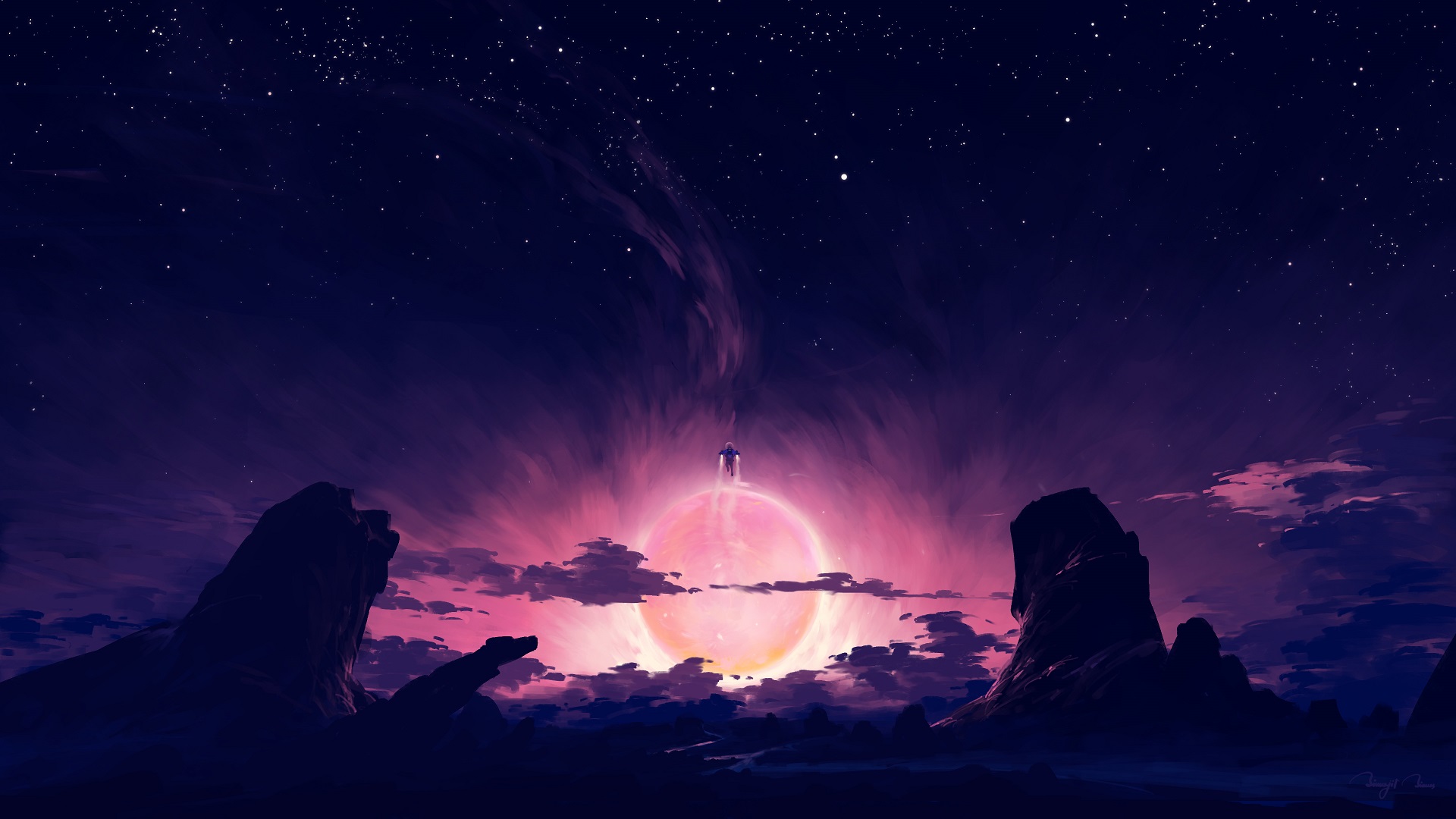 General 1920x1080 digital painting landscape night sky mountains clouds astronaut Voyager BisBiswas