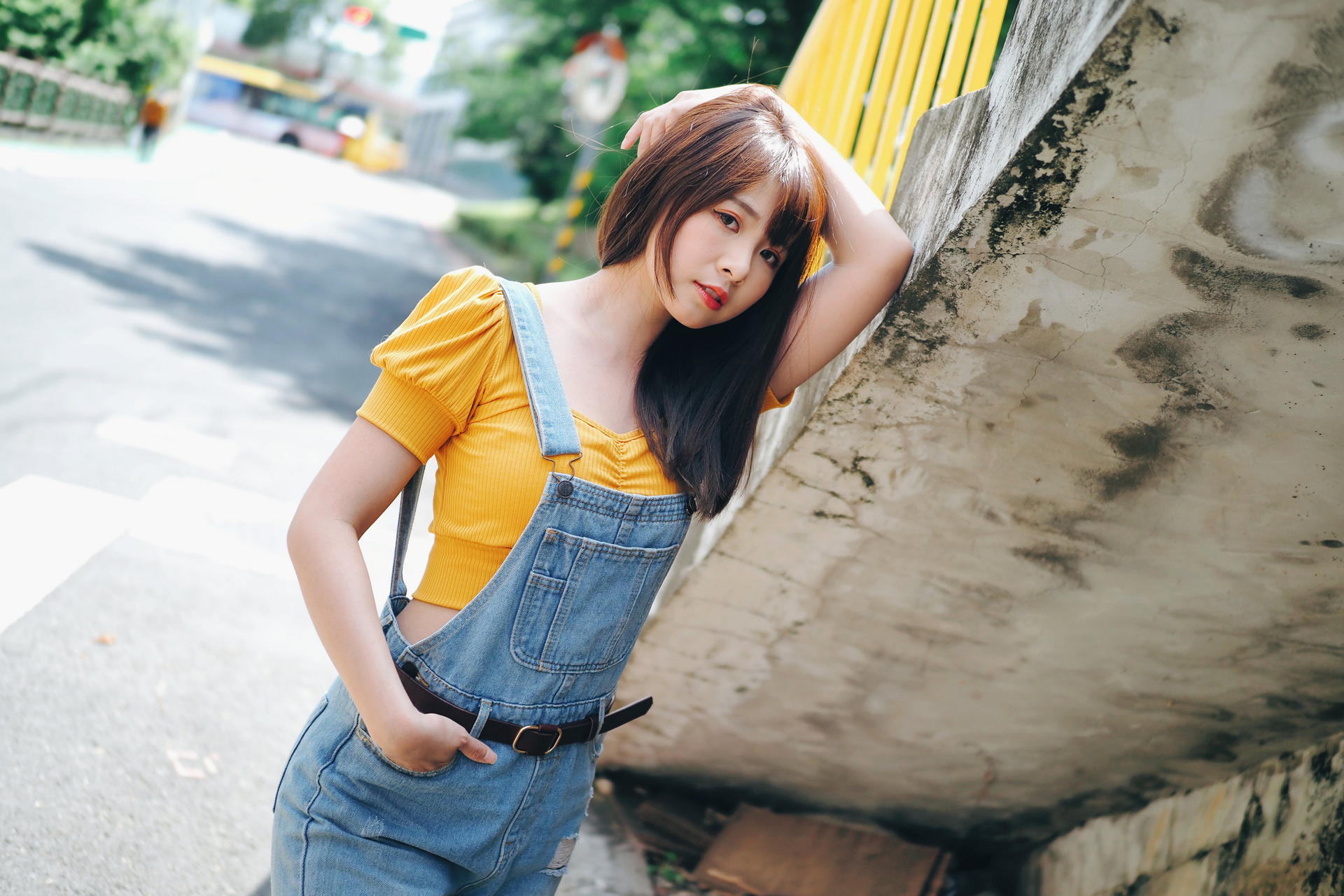 People 1920x1280 Asian model women long hair dark hair depth of field jeans dresses yellow shirt belt stairs street trees bushes leaning railing