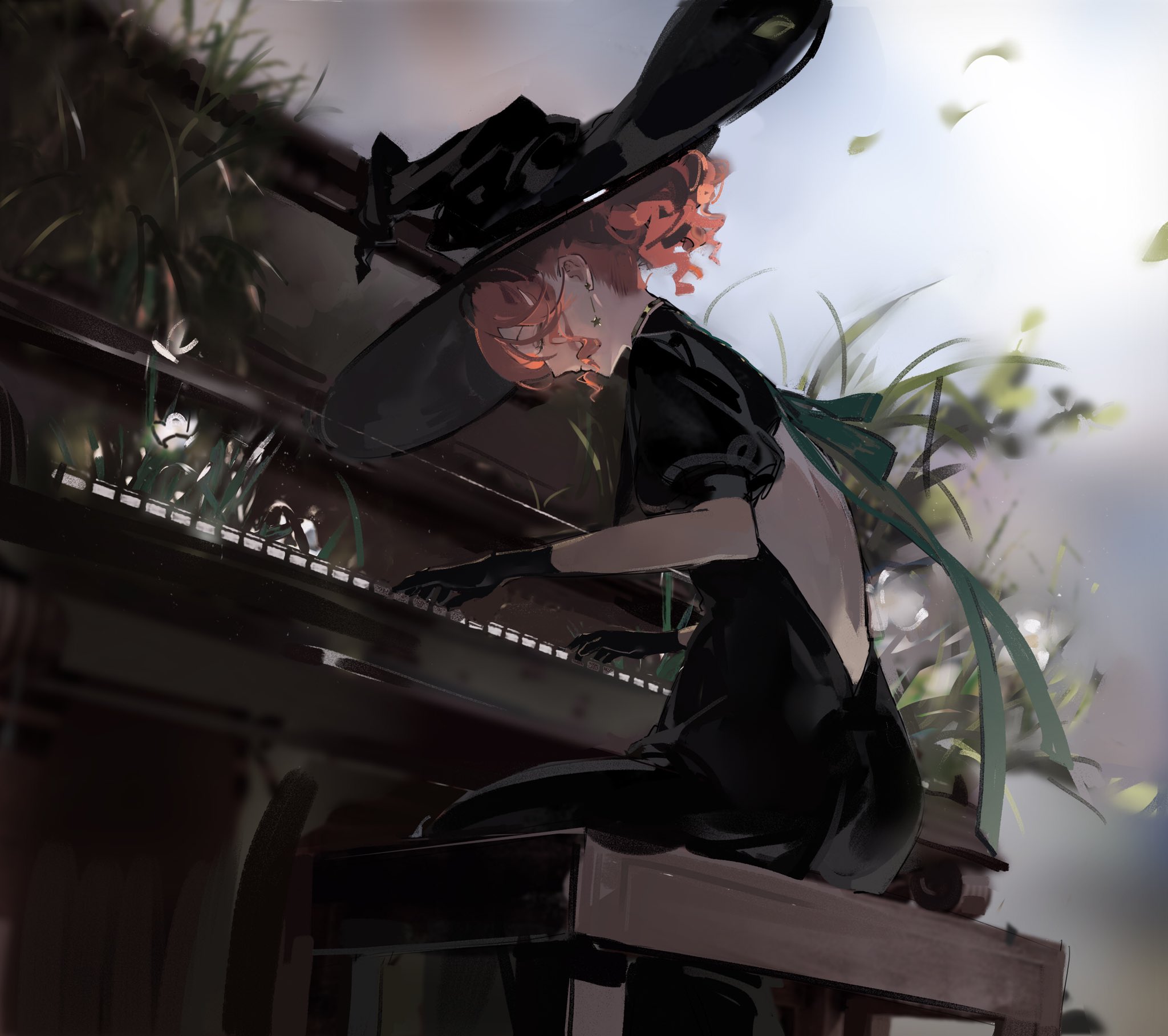 Anime 2048x1818 anime anime girls piano Songruan witch hat low-angle