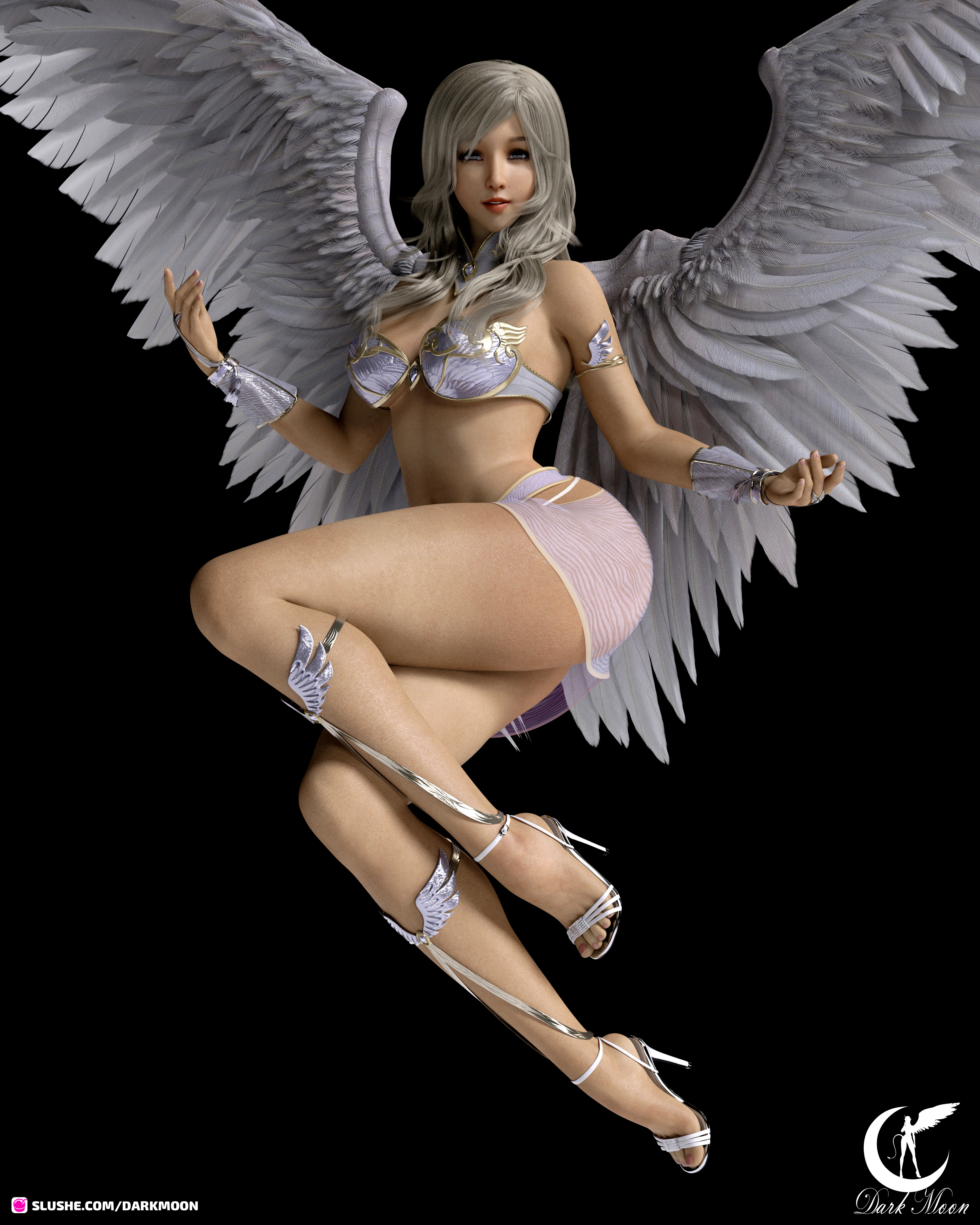 General 4000x5000 Darkmoon CGI women angel silver hair looking at viewer legs wings feathers simple background black background