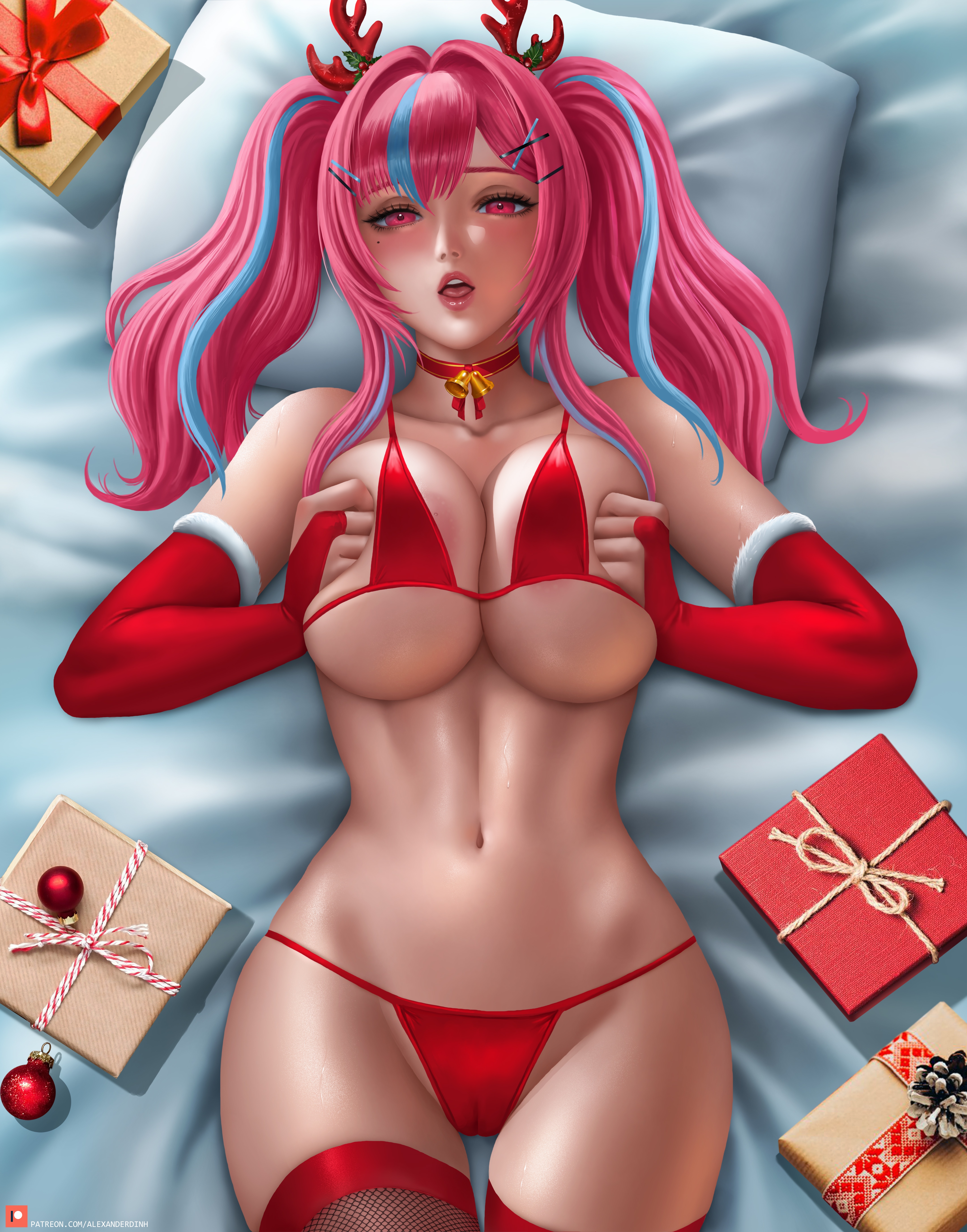 Anime 4321x5500 Bremerton (Azur Lane) Azur Lane video games anime anime girls pink hair bangs twintails looking at viewer pink eyes parted lips choker antlers Christmas Christmas ornaments  presents arm warmers underwear bra panties red panties huge breasts belly the gap stockings red stockings lingerie lying on back artwork drawing digital art illustration fan art Alexander Dinh wide hips open mouth top view