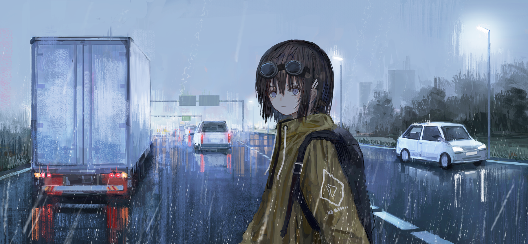 Anime 1824x843 anime anime girls digital art artwork 2D portrait rain road truck car women outdoors brunette traffic vehicle