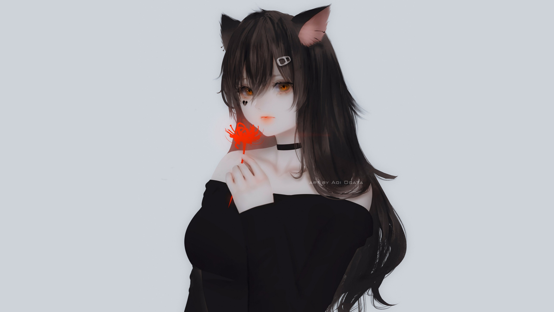 Anime 1920x1081 anime girls original characters red eyes cat ears Aoi Ogata spider lilies long hair bare shoulders choker hair ornament