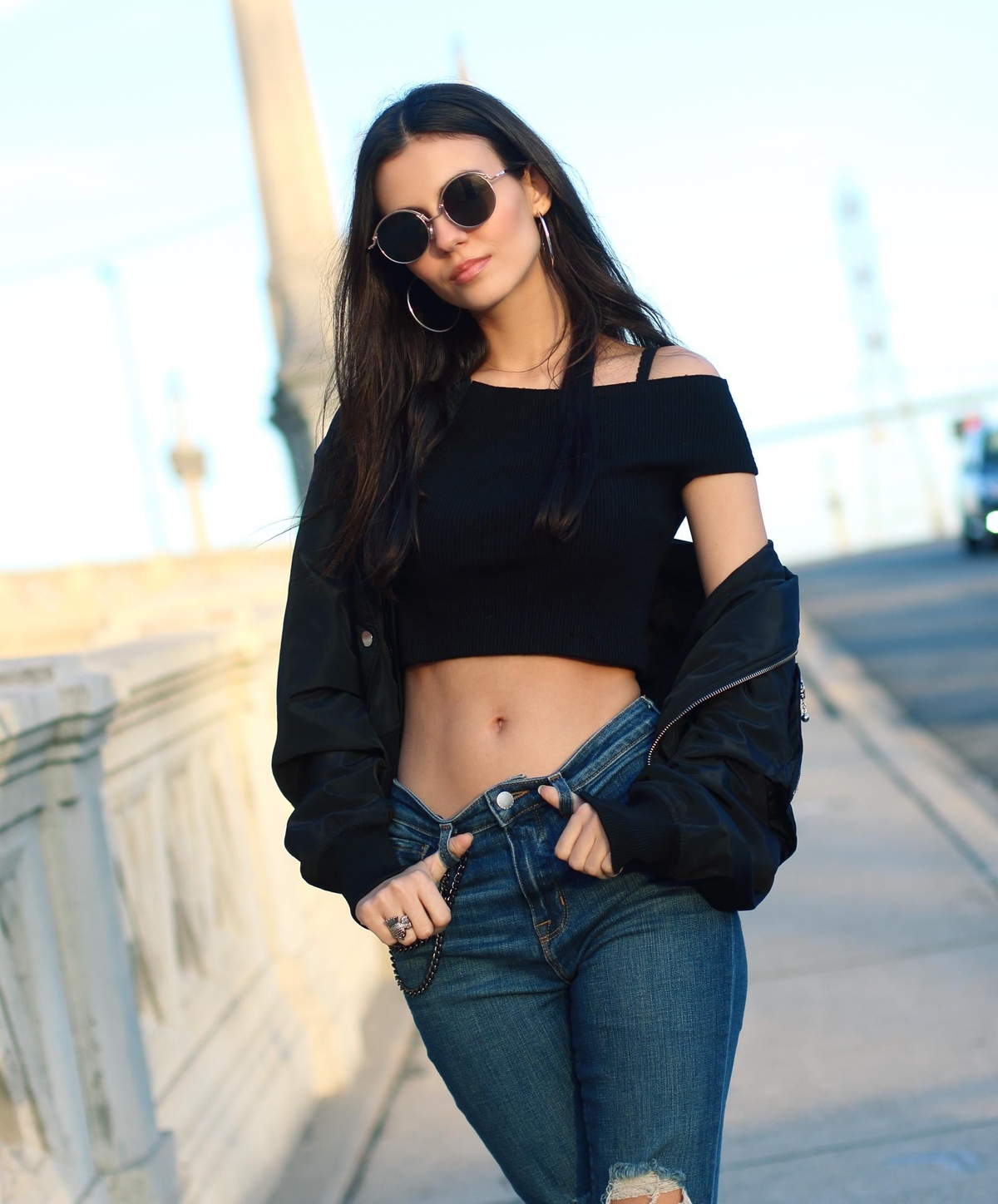 People 1200x1448 Victoria Justice women singer actress brunette belly jeans urban torn jeans Latinas women with shades crop top bare midriff bare shoulders